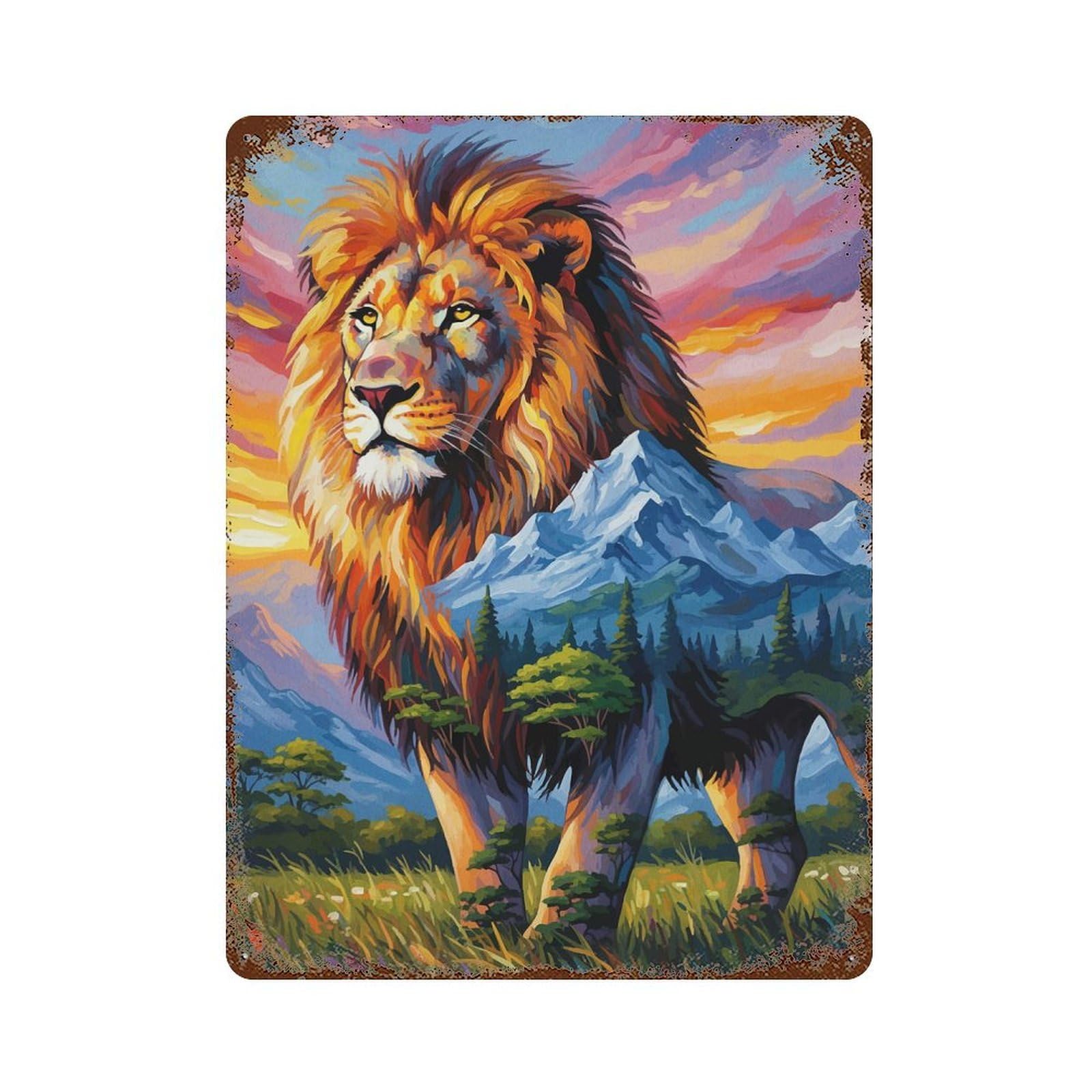 Garage Style Lion And Mountain Landscape Distressed Metal Wall Sign 15.7"x11.8", Retro Wall Decor for Bar And Workshop