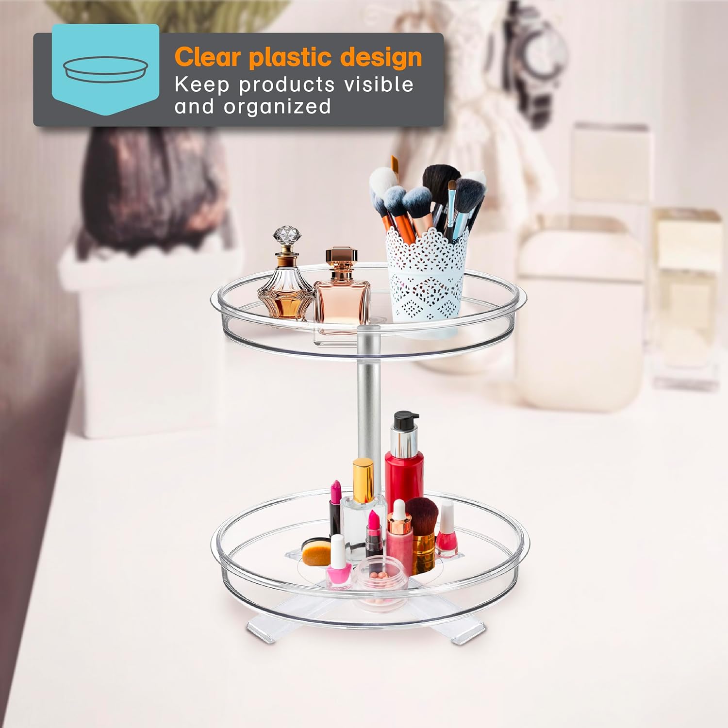 Polder 2-Tier Spinner Caddy on a bathroom vanity with toiletries