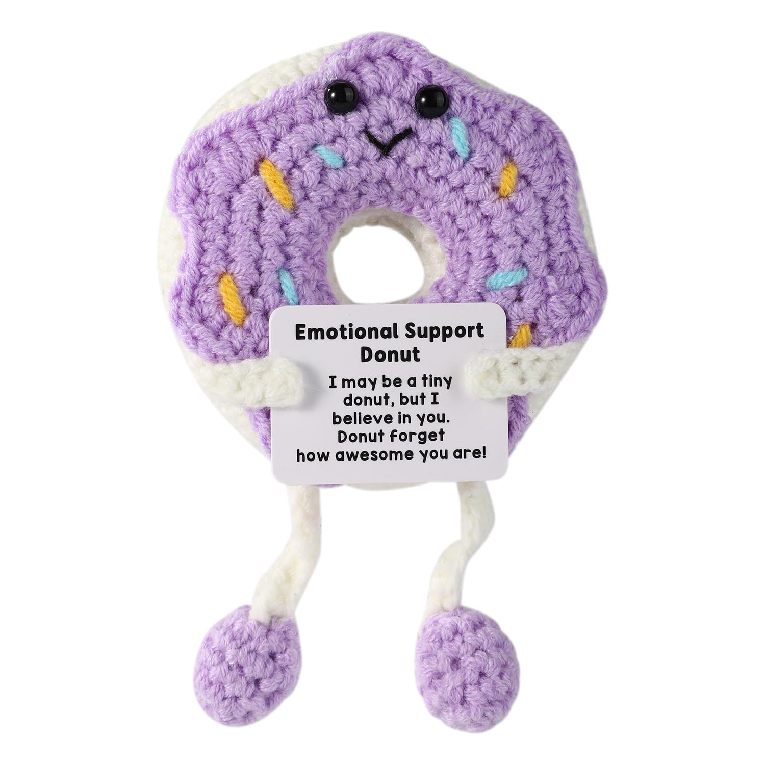 TOYMIS Crochet Donut, Cute Purple and White Long legs Positive Donut Doll with Inspirational Card Handmade Positive Affirmation Crochet Toy Gift for Women Men