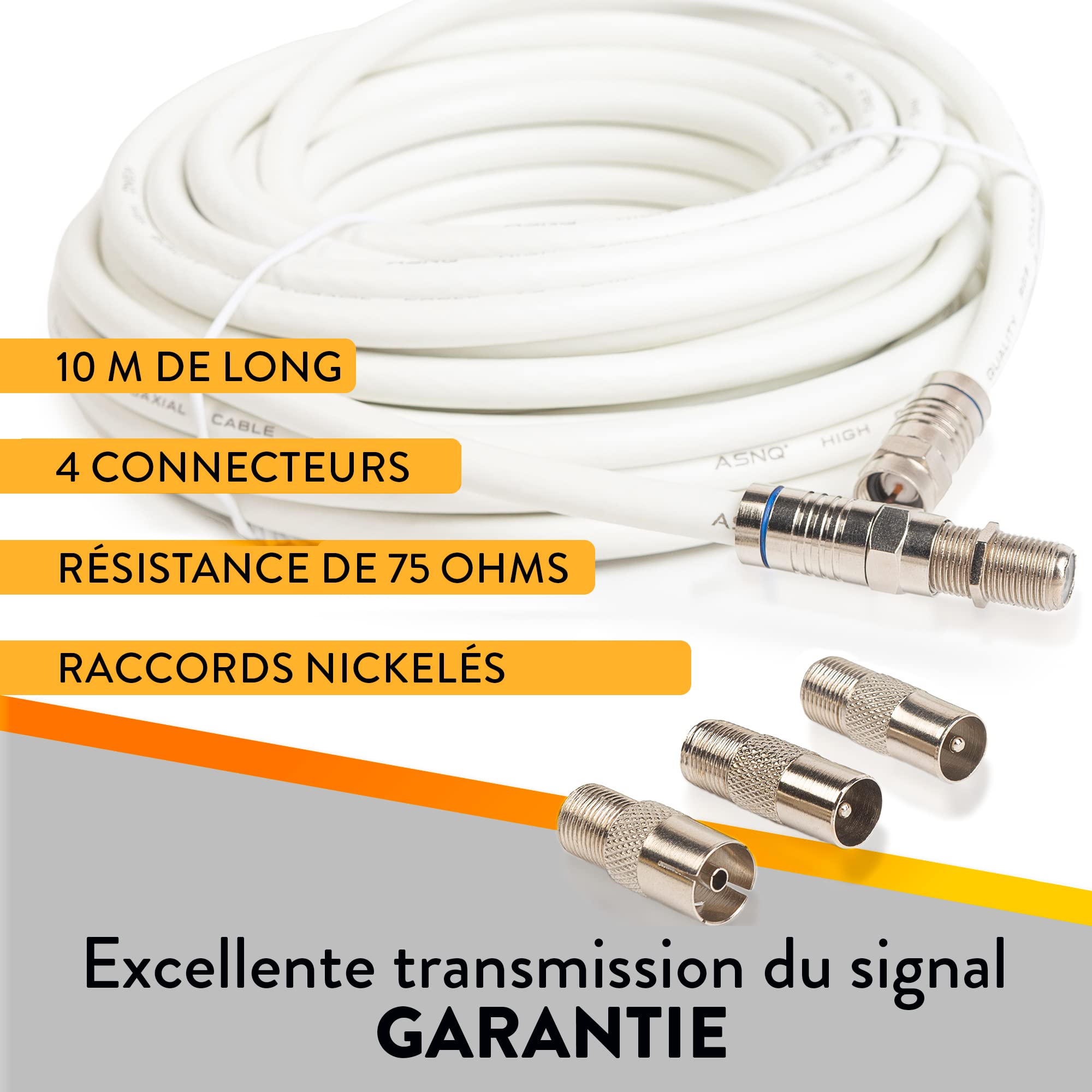 ASNQ Câble Coaxial RG6 Antenne 10m avec Connecteurs 75 OHM - Premium à Haut Débit Pour TV, Internet, Parabole Satellite - Inclut 4 Adaptateurs