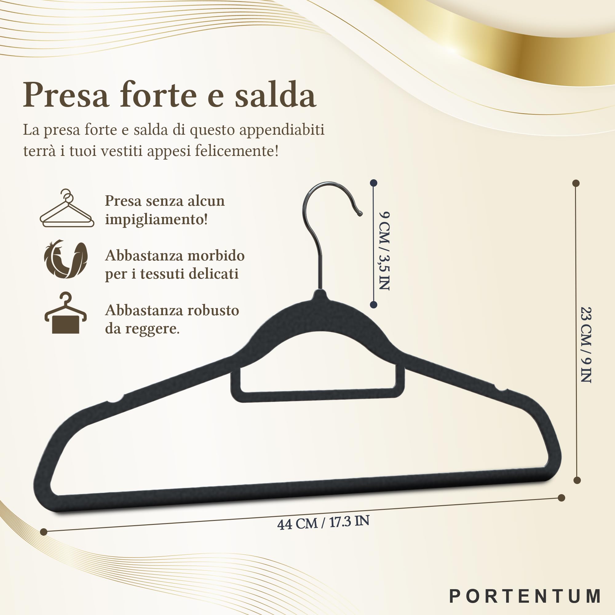 PORTENTUM Grucce in Velluto, Confezione da 50, Nero - Antiscivolo con Gancio Girevole 360º, Scanalature e Supporto Accessori, Salvaspazio 0,6 cm Spessore, Made in Spain