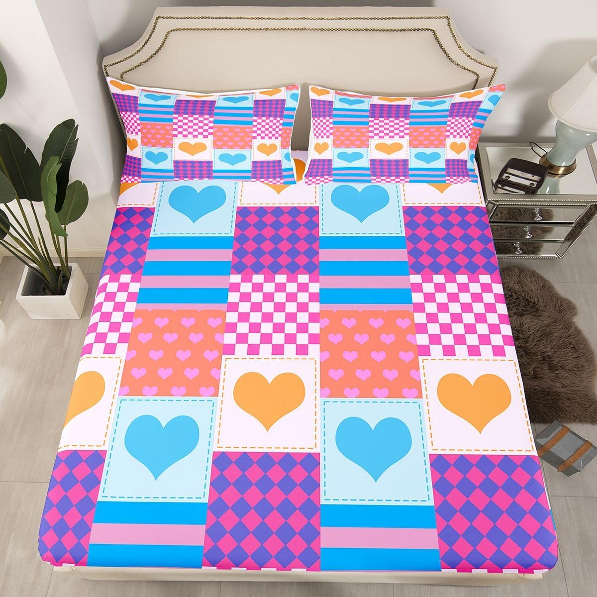 Erosebridal Plaid Sheet Set Rainbow Love Hearts Twin Sheets Set for Toddler Boys | Magenta Blue Checkerboard Geometric Checkered Grid Fitted Sheet,Valentines Day Decorations