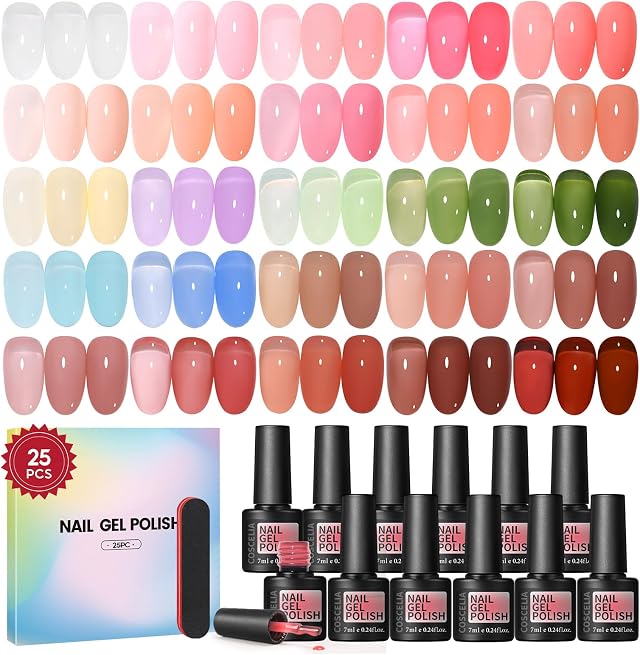 COSCELIA Jelly Gel Polish Set 25pc Fall Colors Translucent Milky Jelly Gel Nail Polish Nude Pink Red Brown Neutral All Seasons Sheer Gel Nail Kit DIY Gifts for Women
