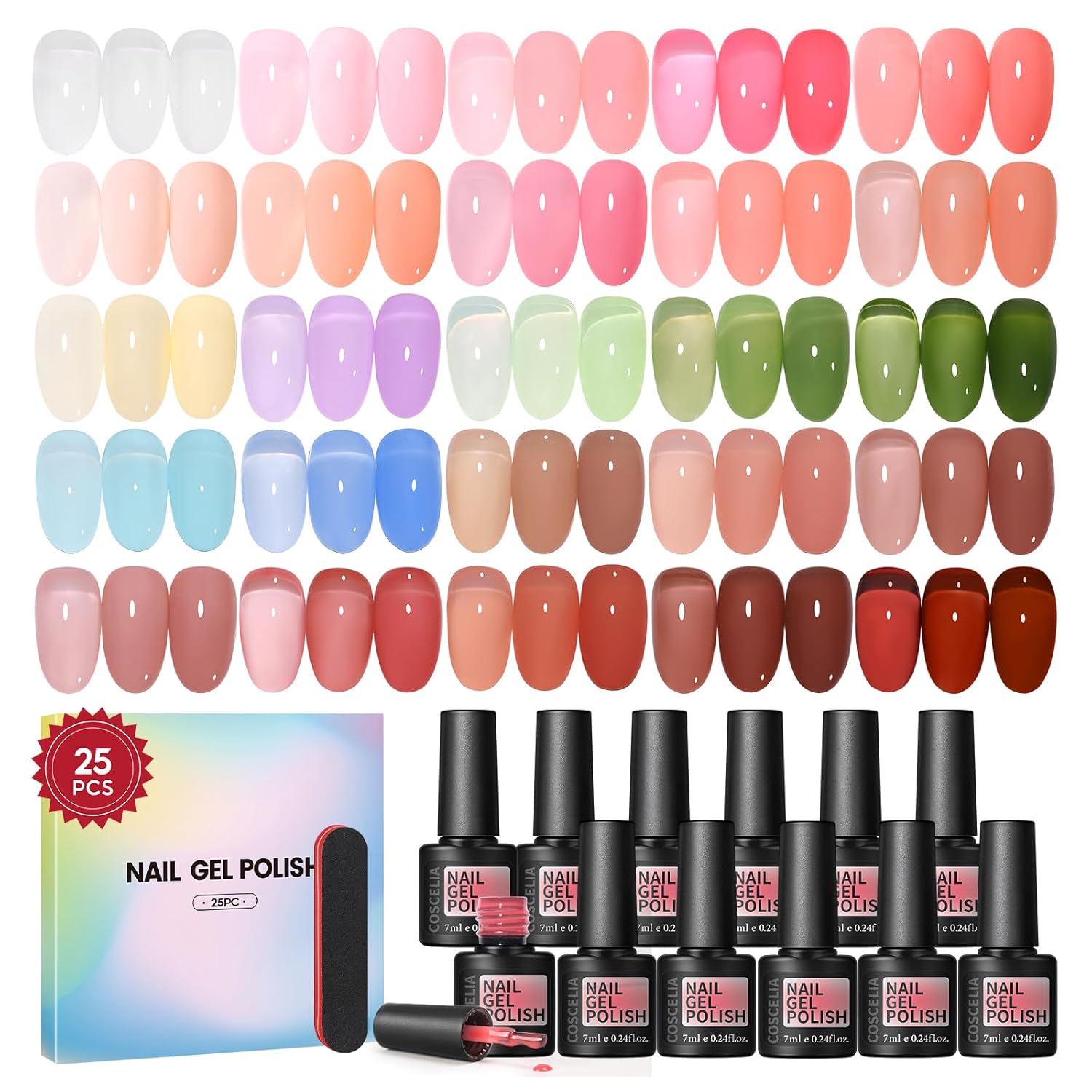 COSCELIA Jelly Gel Polish Set 25pc Spring Summer Colors Translucent Milky Jelly Gel Nail Polish Nude Pink Red Brown Pastel Neutral All Seasons Sheer Gel Nail Kit DIY Gifts for Women