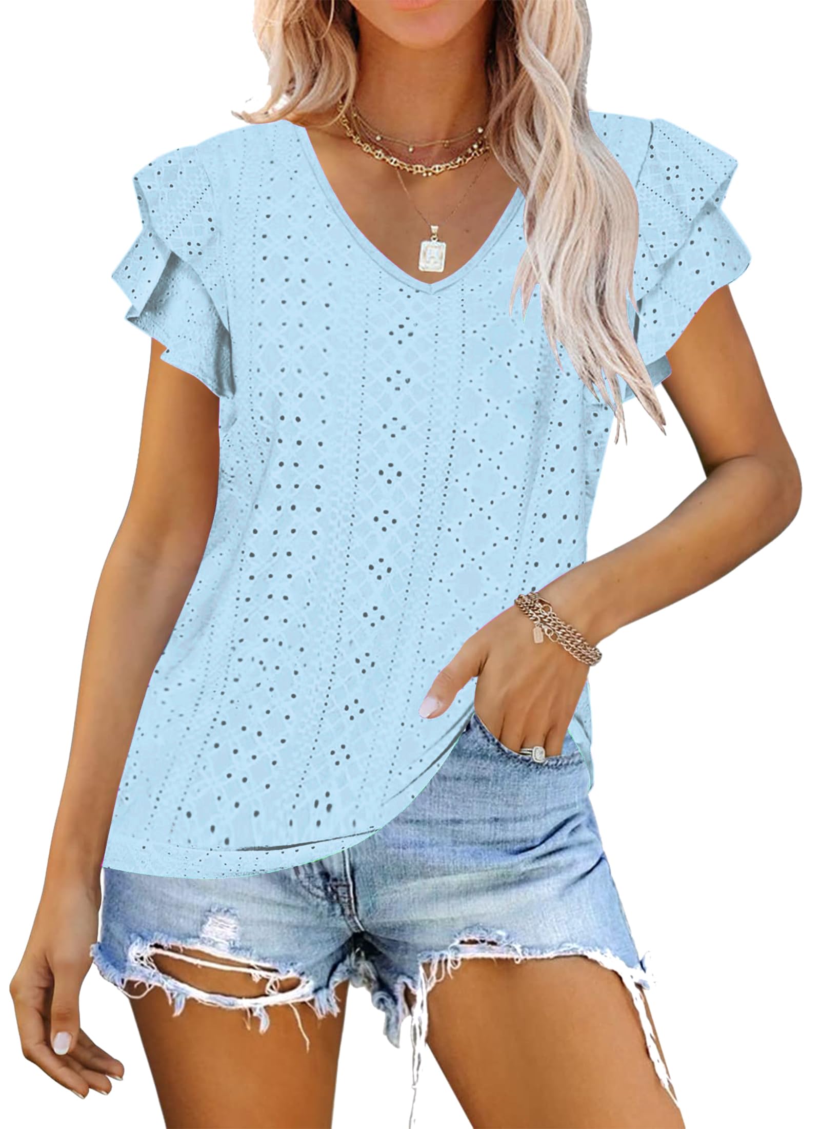 WNEEDU Camiseta Mujer Verano Manga Corta Volantes Ligera Camisas Cuello V Casual Blusa