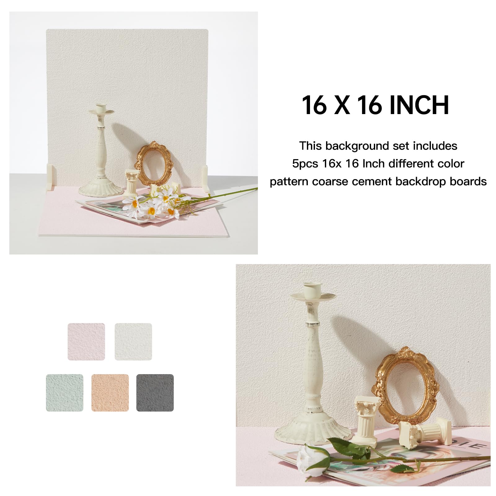 BEIYANG 2PCS Double Side Photography Backdrop, 16x16 Inch Marble Cement Photo Background Surface, 4 Patterns Photo Board For Food Jewelry Cosmetics Small Product Shooting