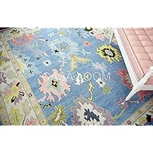 Hand Tufted Oushak Wool Area Rug &ndash; Vintage Turkish Traditional Floral Medallion Design, Soft Pastel Boho Carpet for Living Room, Bedroom, Entryway Decor (Sky Blue, 9' x 12')