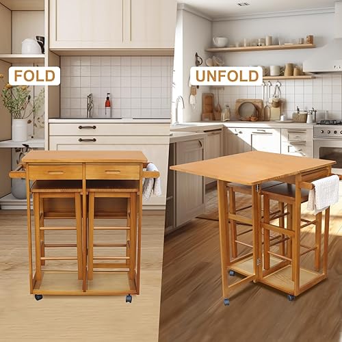 Miniatura 3 de Sheeroy 3 mesas móviles de hojas colgantes para espacios pequeños con almacenamiento, carrito de isla rodante para cocina con 2 taburetes, pequeña