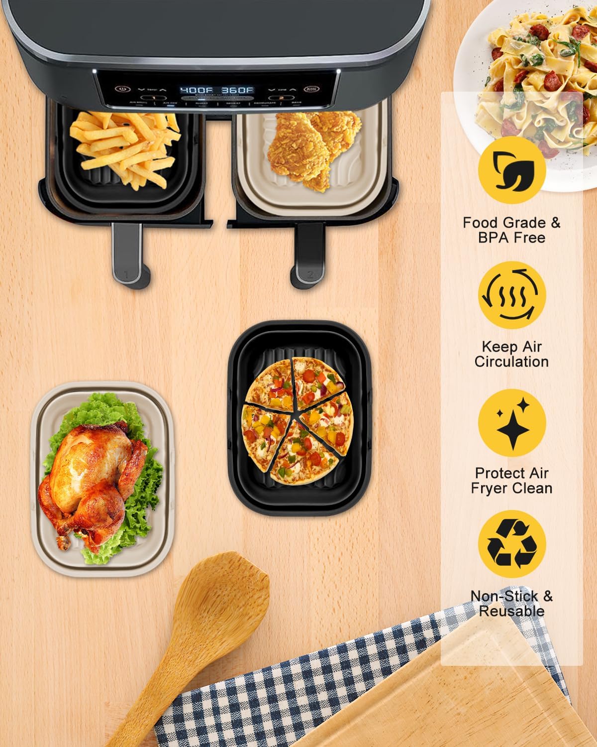 130Pcs Air Fryer Disposable Liners+ 2Pcs Collapsible Air Fryer Silicone Liners Sets for Ninja DZ201/DZ401/DZ550/DZ302, Rectangular Air Frier Baking Accessories for 8-10QT DualZone Basket Airfryer