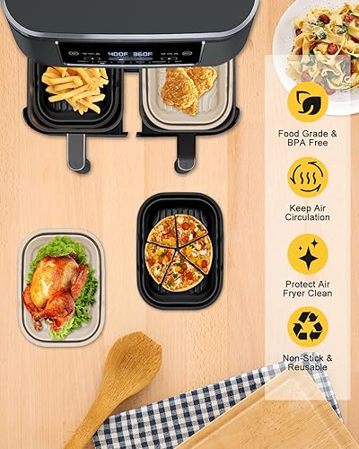 Miniatura 2 de Paquete de 2 forros plegables de silicona para freidora de aire Ninja Foodi doble cesta DZ201DZ401DZ550DZ302, reutilizable, antiadherente,