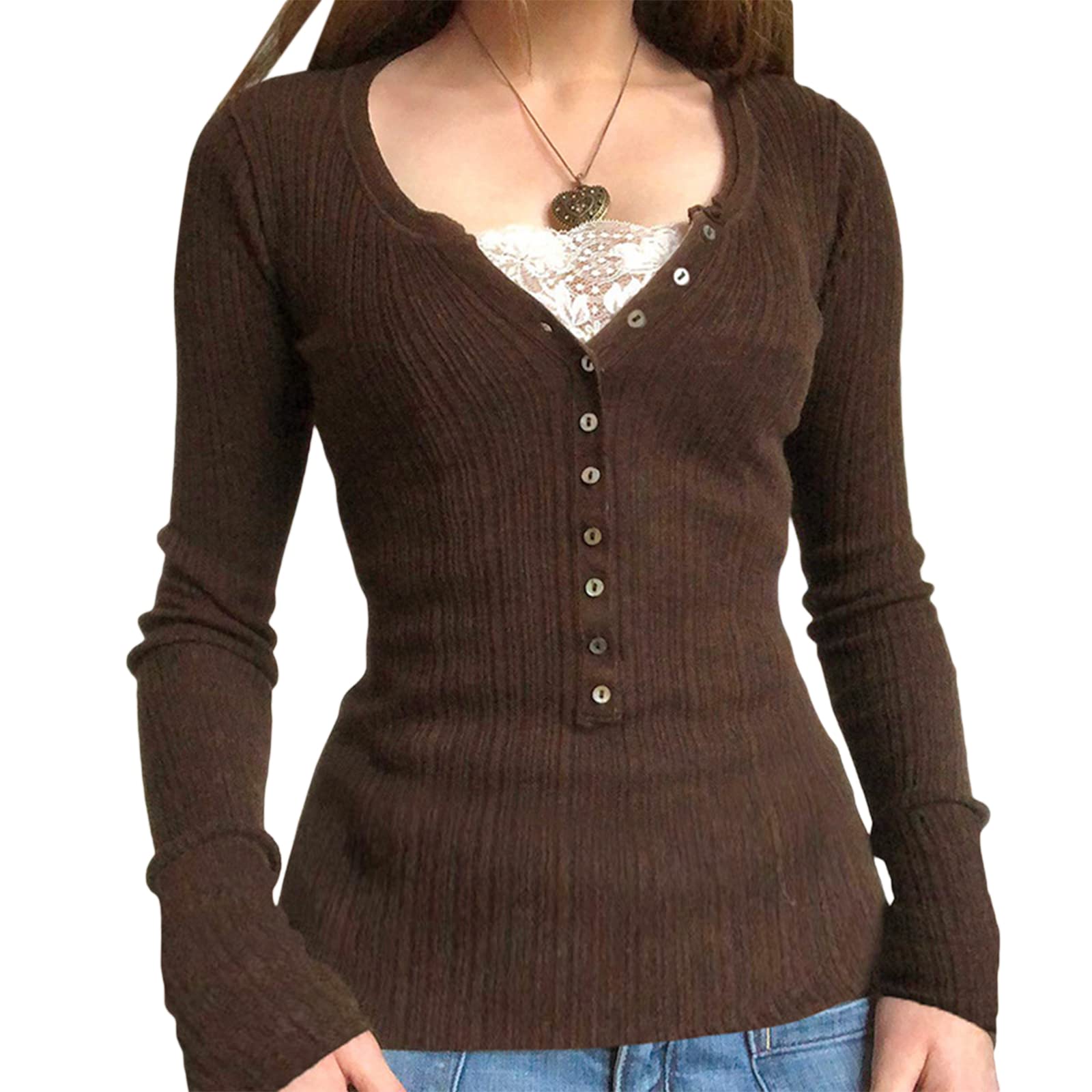 Fairy Grunge Shirts for Women Y2K Tops Long Sleeve Lace Patchwork Tees Teen Girls Vintage Slim Blouse Fall Clothes