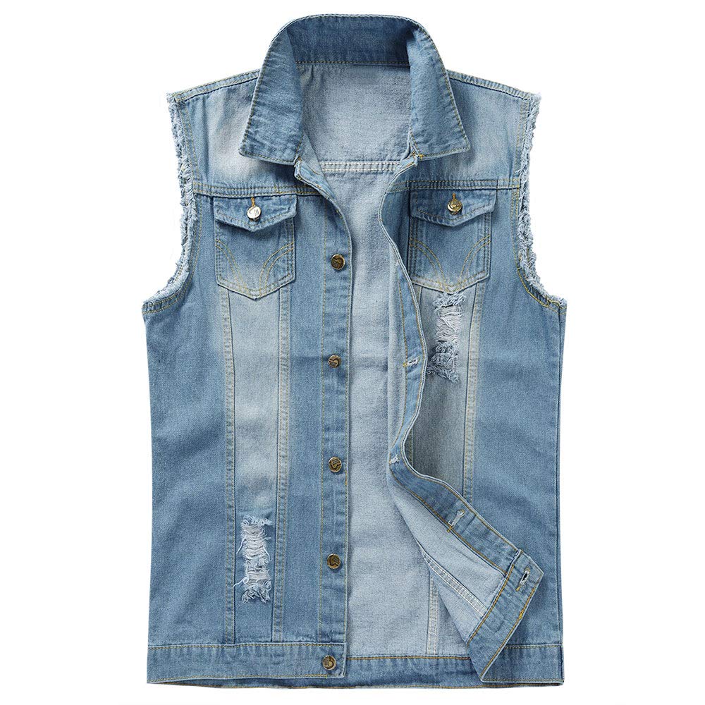 YOUTHUP Weste Herren Denim Weste Casual Zerrissen Jeansweste Outdoor Vintage Freizeitweste Ärmellose Jacke, #2207 Blau, M | Freizeitweste, Ärmellose, Ausgefranste, Knopfleiste, Umlegekragen, Blau