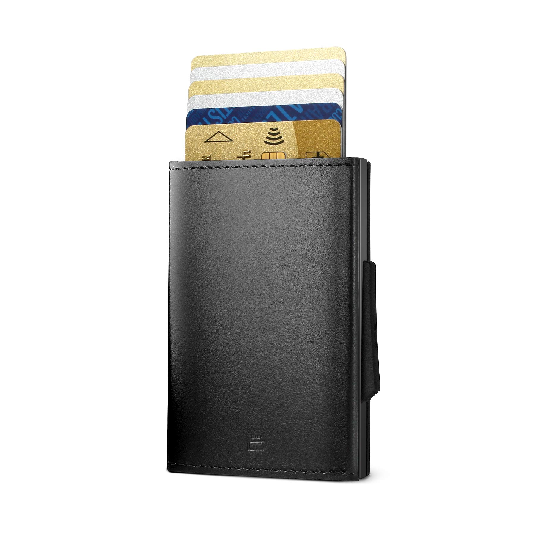 Automatyczny portfel z aluminium i skóry. Model: CASCADE SLIM | Karty wysuwają się jednym ruchem. Do 8 kart, banknotów i paragonów. RFID.