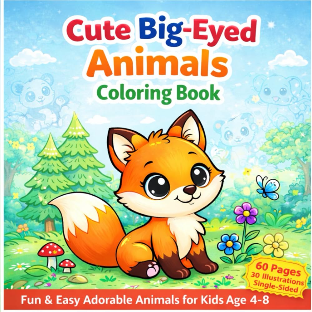Cute Big-Eyed Animals Coloring Book: Fun and Easy Adorable Animals for Kids age 4-8