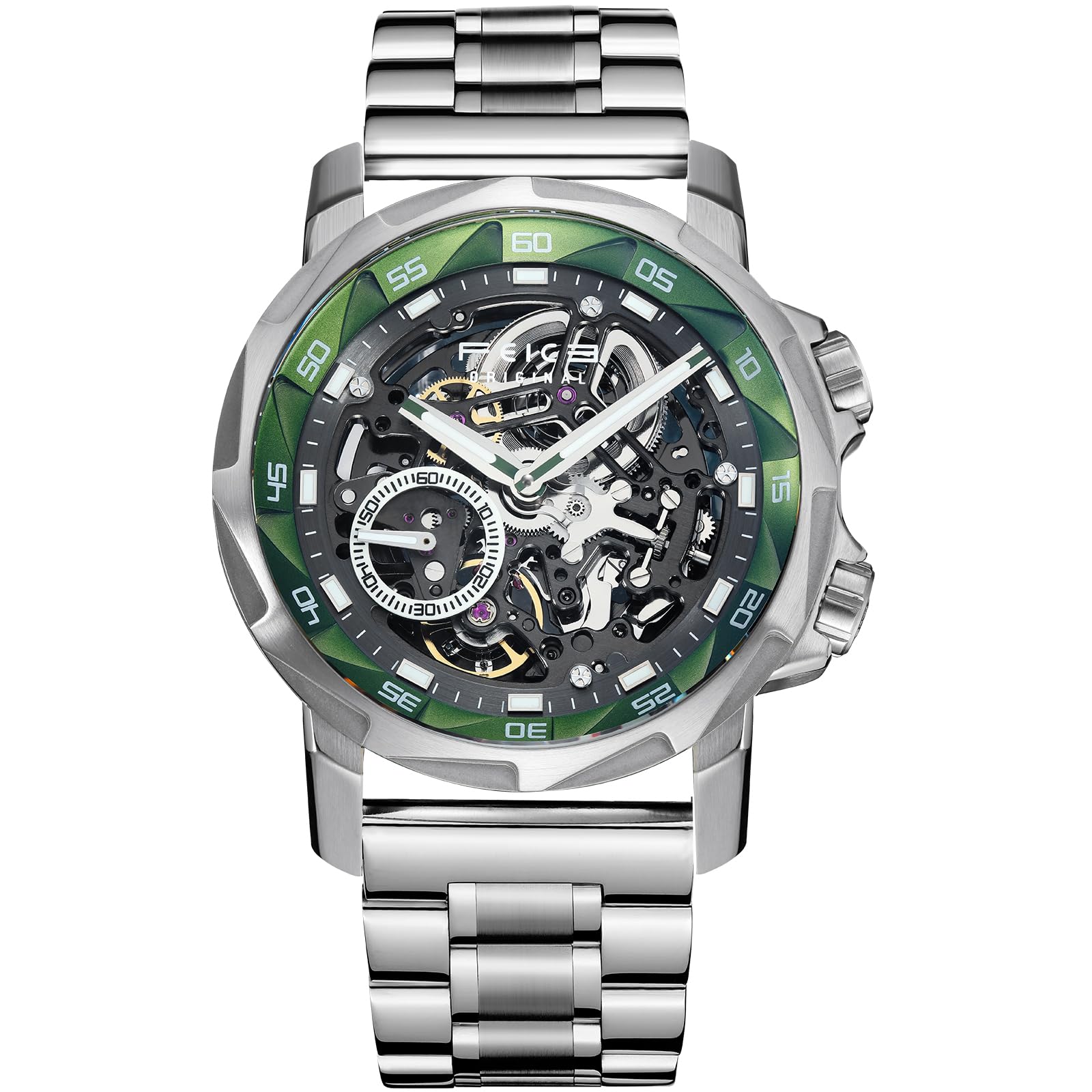 FEICE FM511 YLVG Orologio da uomo automatico scheletrato, quadrante blu in vetro zaffiro, lancette luminose, impermeabile fino a 5 atm, orologio sportivo con cinturino in acciaio inossidabile