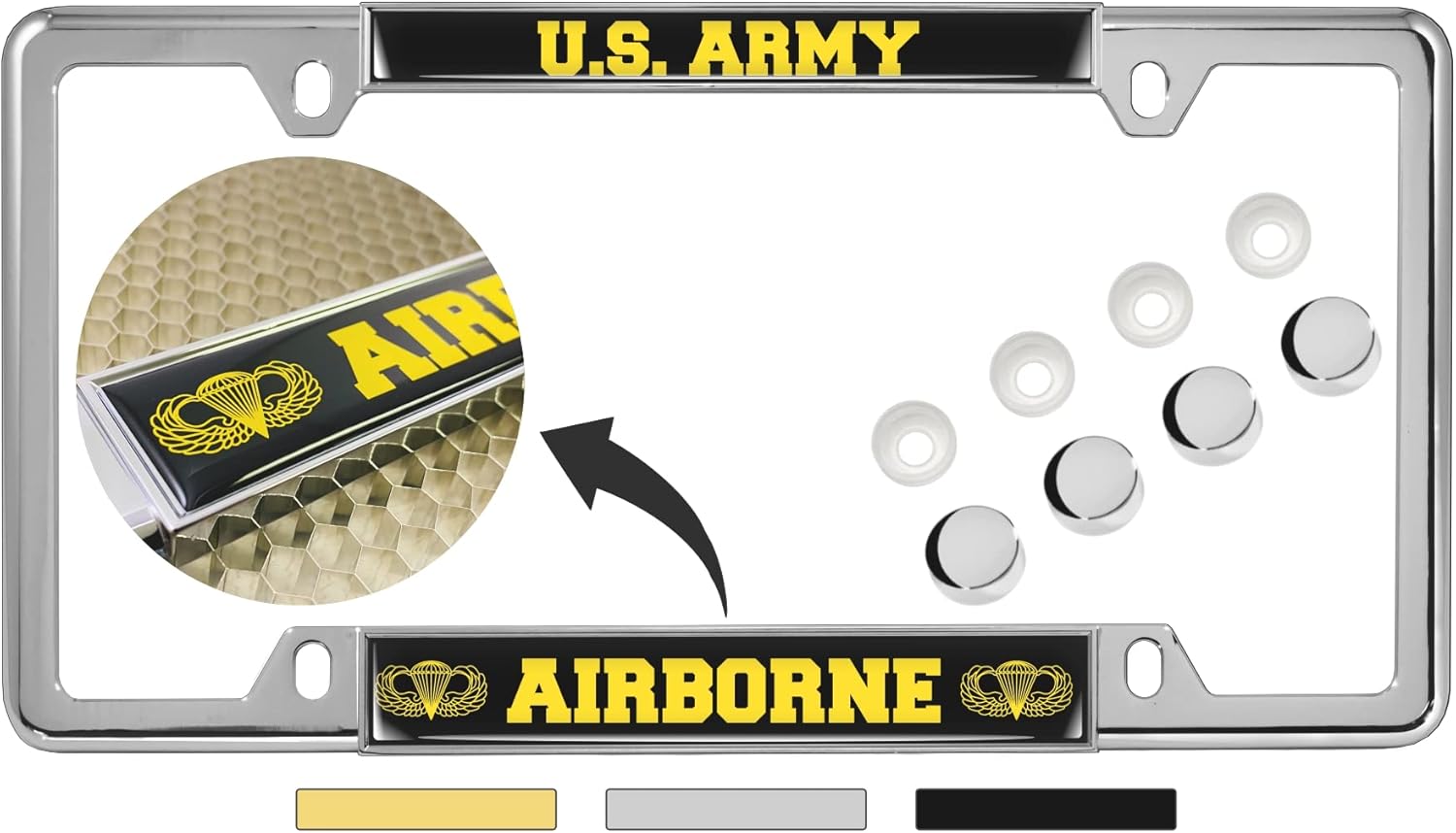 [Officially Licensed Product] - U.S. Army Airborne (Black & Yellow Text) - Domed Custom-Made Personalized Narrow (Thin) Top 4 Hole Metal Car License Plate Frame with Free caps - Black (Qty: 1 Frame)