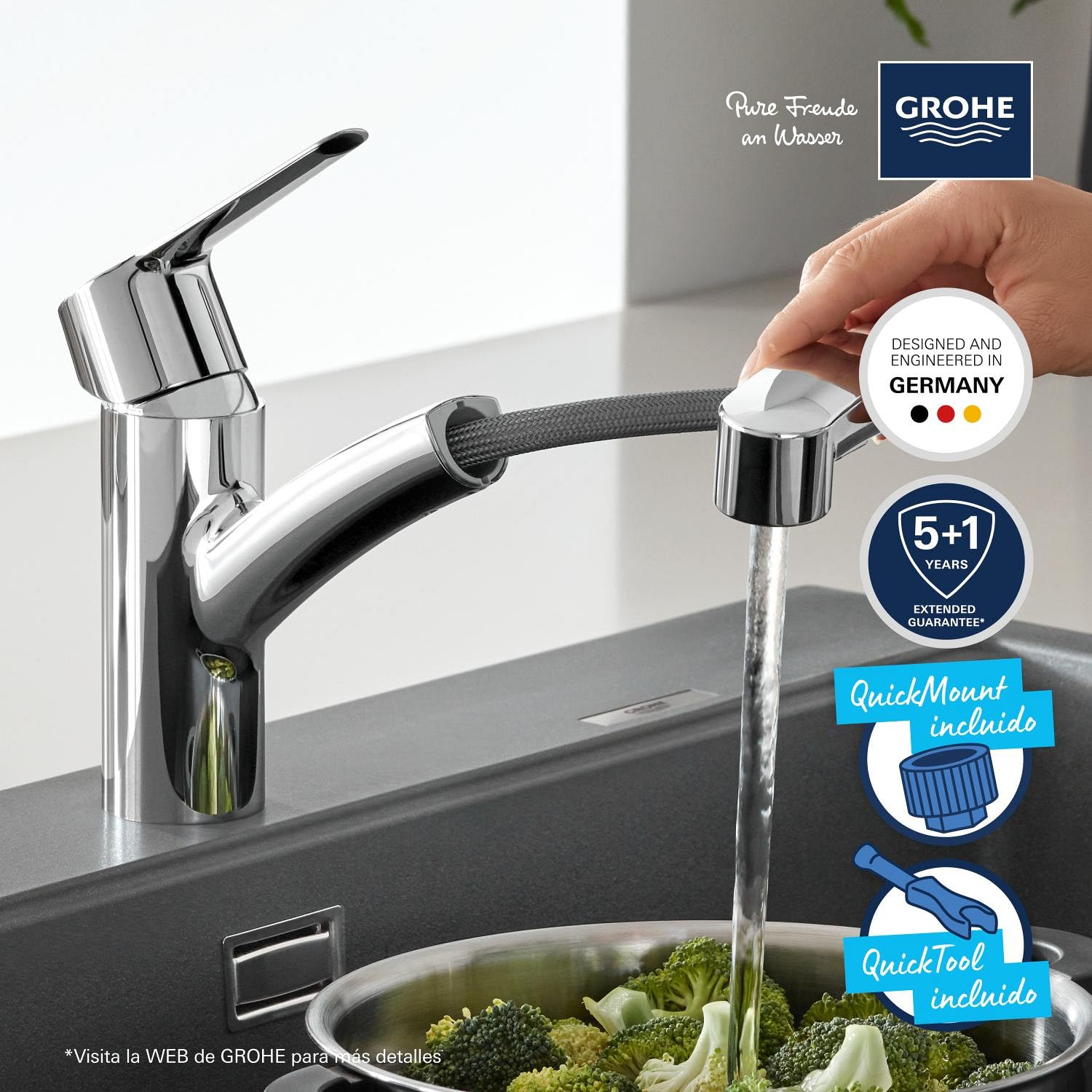 GROHE Start QuickFix, Grifo de cocina (caño bajo extraíble, giro de 90º, menor consumo de agua, sistema de instalación rápida), cromo, 30531001