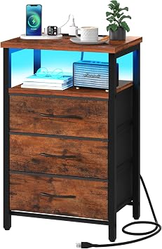 Yoobure Night Stand with Charging Station, 16 Colors LED Nightstand with USB Ports and Outlets, 3 Fabric Drawers and Storage Shelf, Bedside Tables Small Dresser for Small Space, Red Brown