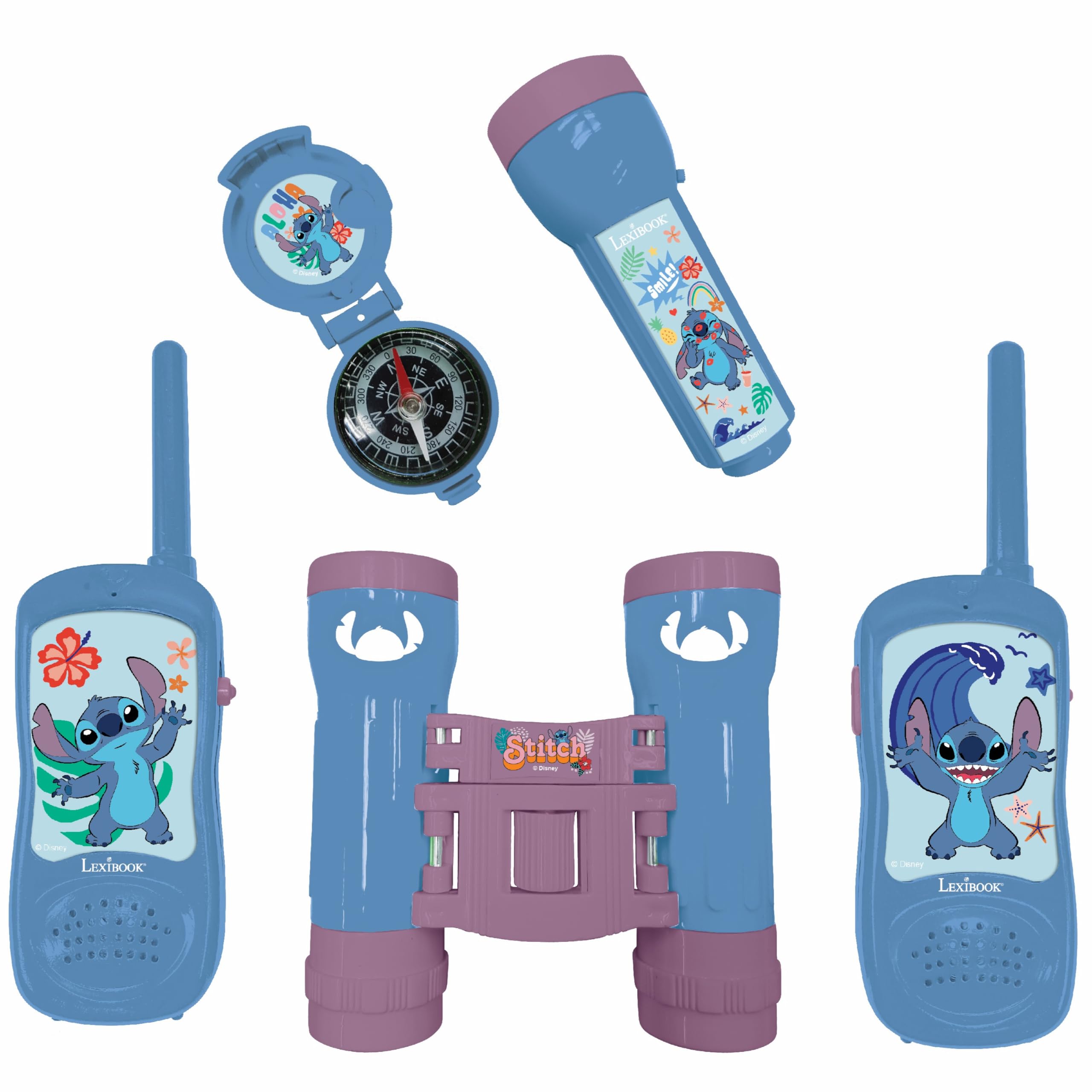 Lexibook, Disney Stitch, Adventurer set for Children, Walkie-Talkies 120m, Binoculars, Compass, Torchlight, Blue/purple, RPTW12DLXB