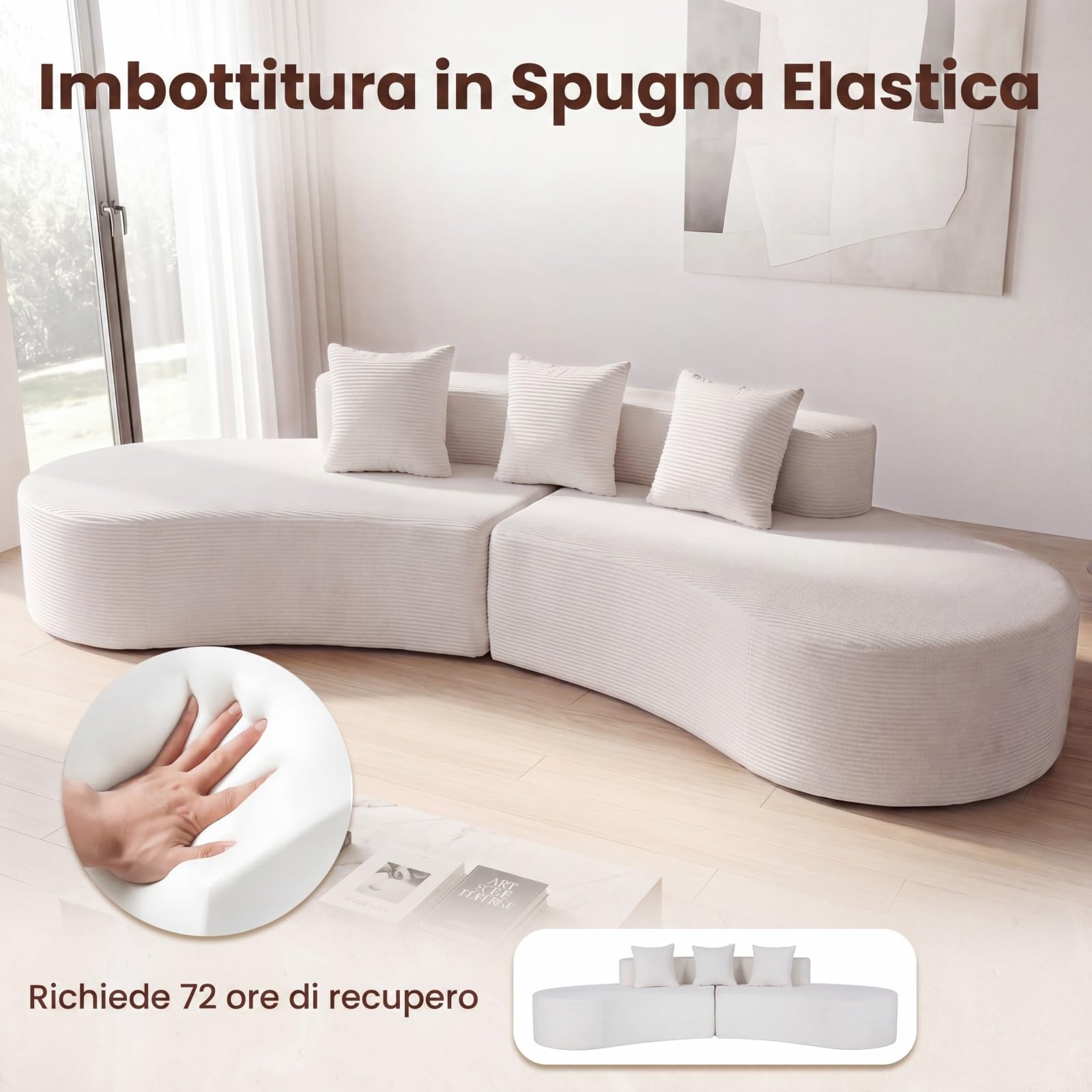 COSTWAY Divano Modulare 5 Posti, Divano Curvo in Velluto a Costa con 3 Cuscini e Schiuma ad Alta Elasticità, Divanetto da Pavimento Imbottito per Soggiorno e Camera da Letto, 305,5 x 132 x 63 cm