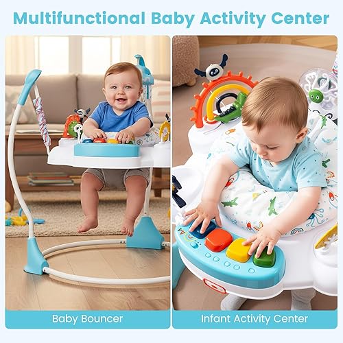 Vista 9 de Centro de Actividad INFANS para bebés con saltador, música, luces, juguetes interactivos, asiento giratorio de 360°, 3 alturas para bebés de 6+
