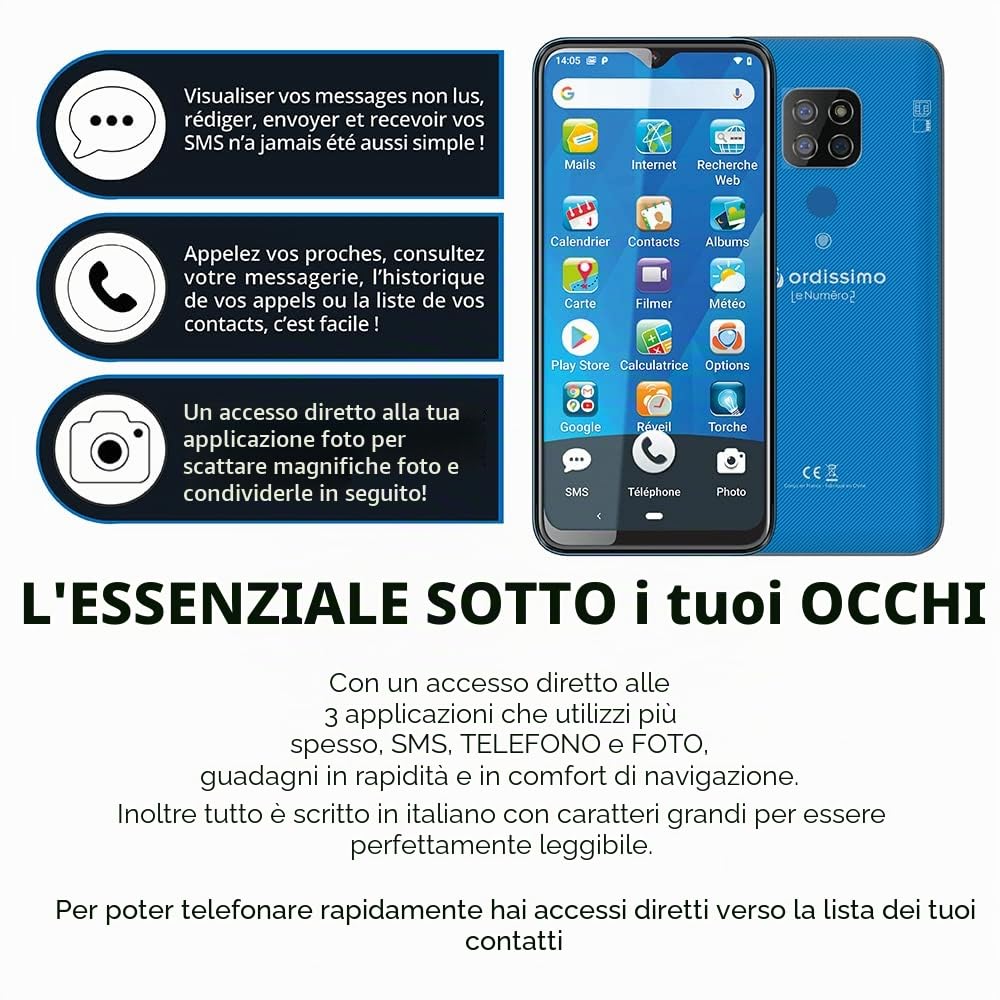 Ordissimo - Smartphone LeNumero2 - Ideale per Senior - Cellulare Semplice - Interfaccia Basic - Touch Screen 5,5", Caratteri Grandi, SMS, MMS, e-Mail, Foto, Video - Blu