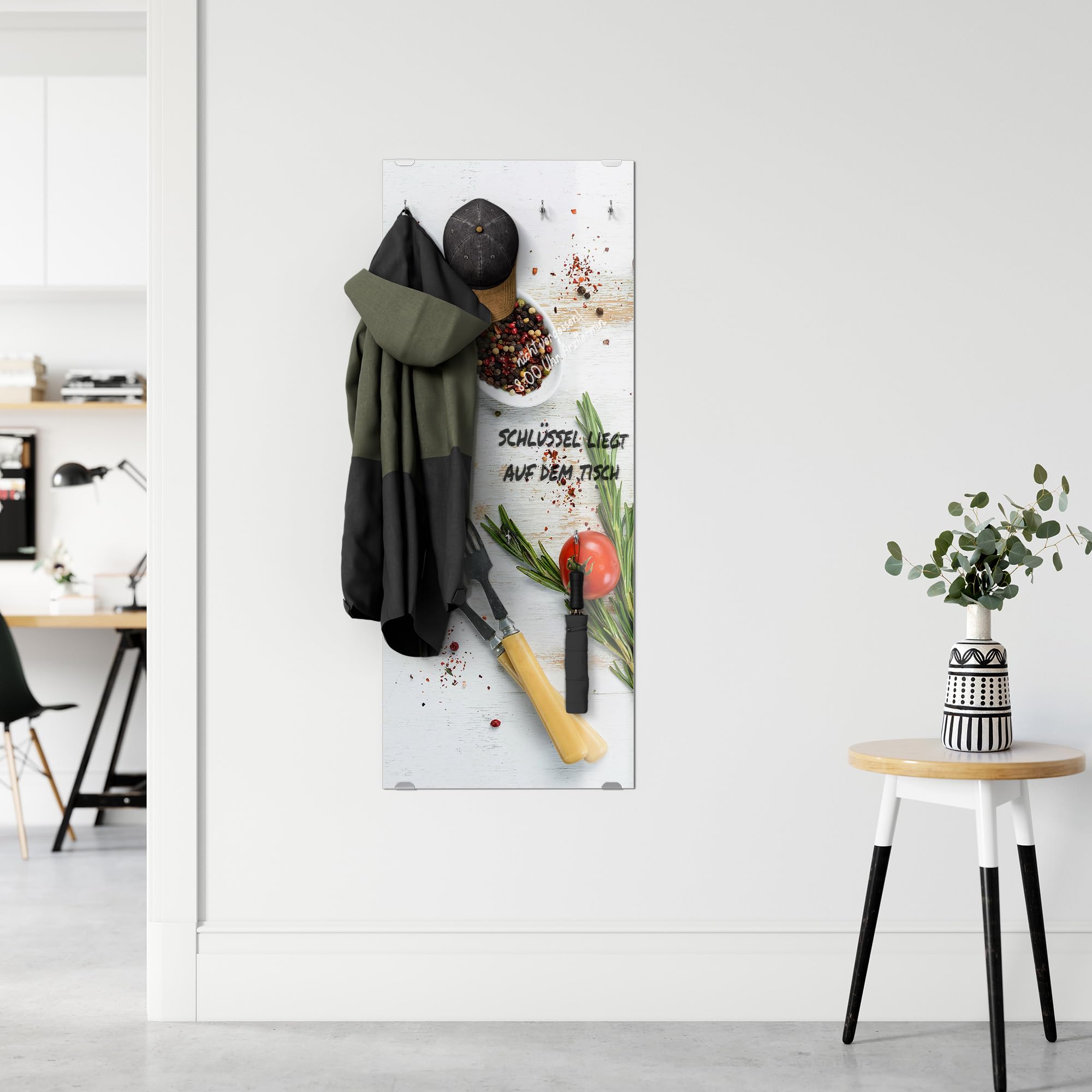 DEQORI Kleiderhaken aus Glas mit Motivdruck | Design vertikal, 50x125 cm | Motiv Küchenkräuter und Gewürze | ESG-Sicherheitsglas mit 7 Haken – beschreibbar & montagefreundlich – pflegeleicht