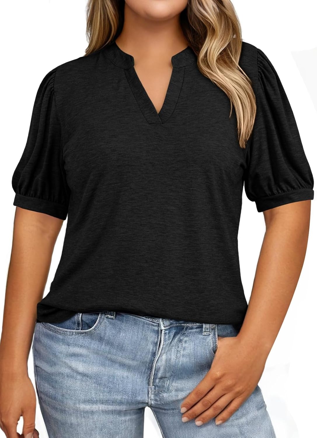 Eytino Womens Plus Size Tops V Neck Puff Short Sleeve Summer Loose Casual Solid Tees Shirts(1X-5X)