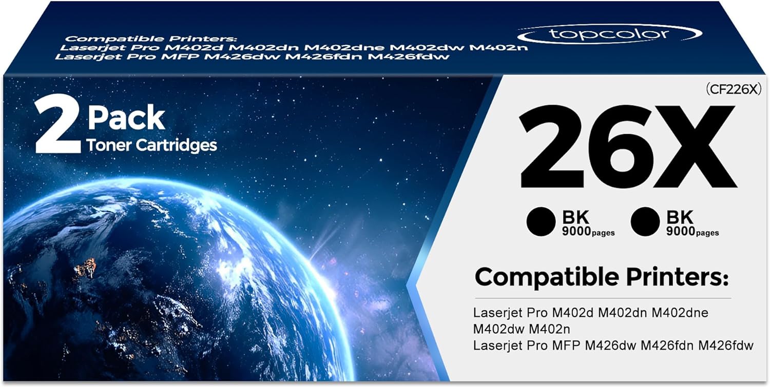 26X CF226X Black Toner Cartridge 2 Pack Compatible for HP Printer 26X CF226X 26A CF226A Toner Cartridges High Yield for LaserJet Pro M402n M402dn M402dne M402dw MFP M426fdn M426fdw M426dw Printers