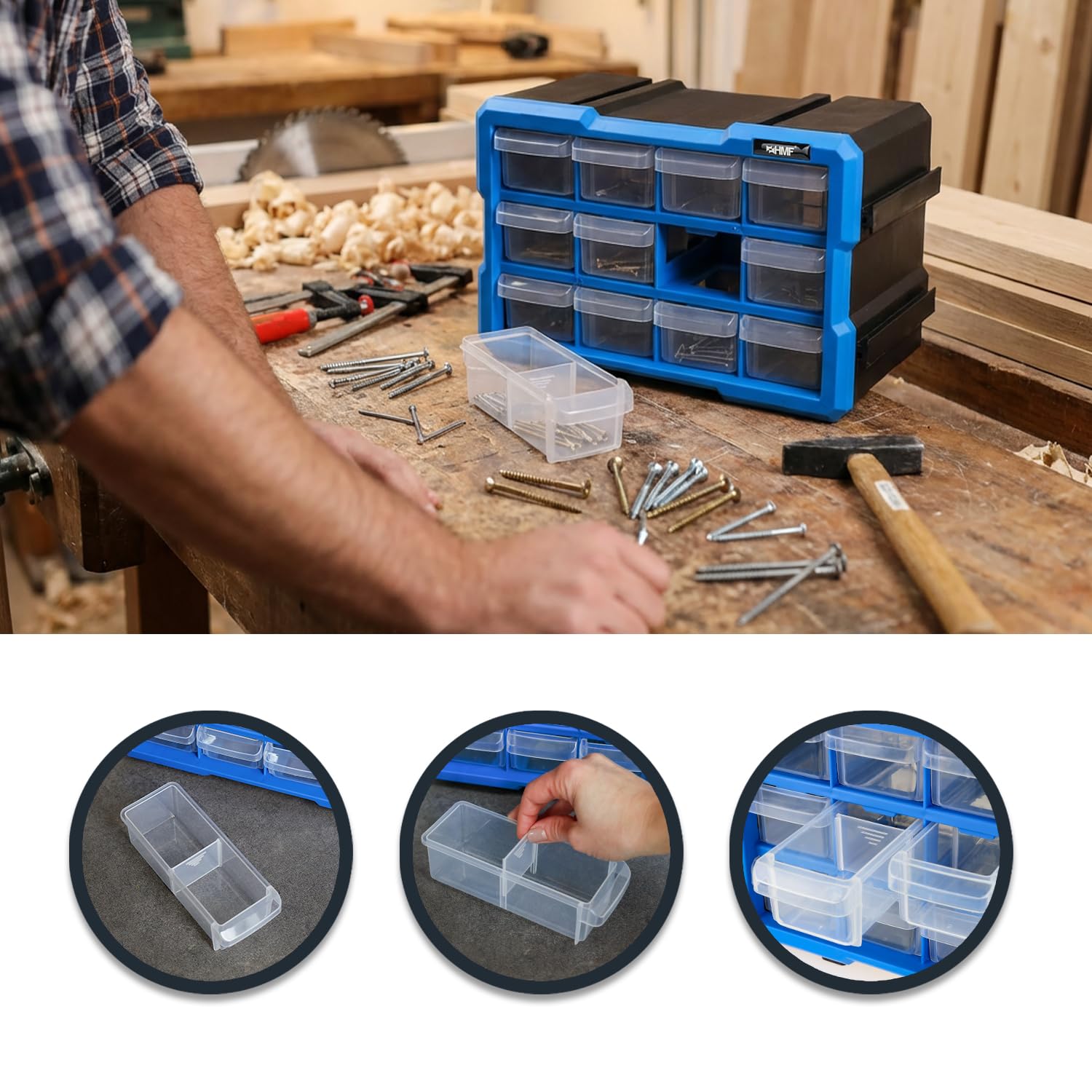 HMF Scatola organizzatrice per minuteria con 12 cassetti, cassettiera portaminuteria espandibile per viti e utensili | 24 scomparti | 29,5 x 19,5 x 16 cm | Blu-Nero