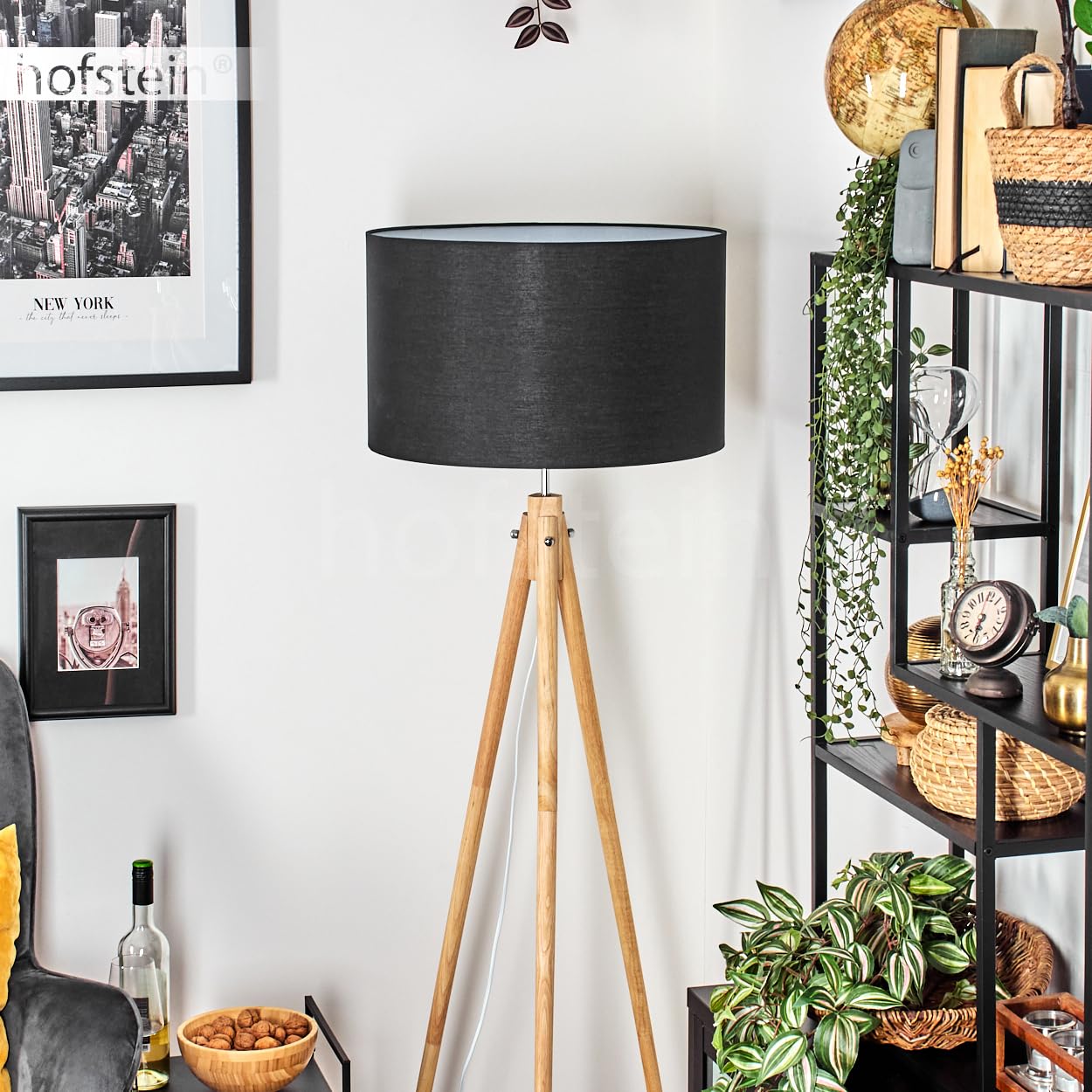 Stehleuchte Flemming, Stehlampe aus Holz/Stoff in Naturfarben/Schwarz/Weiß, Leuchte im skandinavischen Design mit rundem Schirm (Ø 50 cm) u. Fußschalter, Höhe 162 cm, 1 x E27, ohne Leuchtmittel