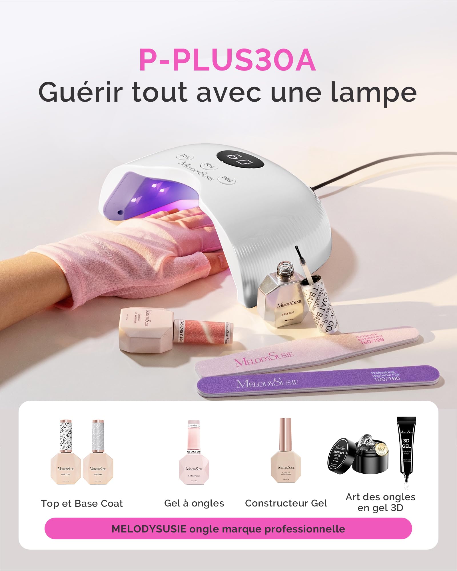 MelodySusie Lampe UV Ongles Gel avec Gants Anti-UV, P-Plus30A 24W Sèche-ongles Professionnel, 3 Minuteurs (30/60/90s), Capteur Automatique, LED Sèche-ongles pour Tous Les Vernis à Ongles UV- Blanc
