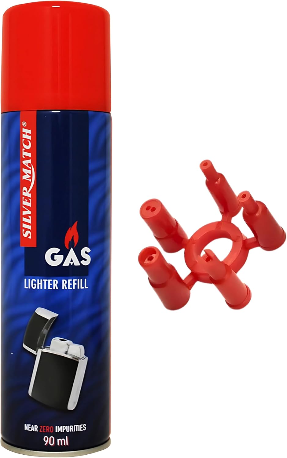 Silver Match Recharge de Gaz 90 ML pour Briquet et Chalumeau de Cuisine, Gaz Butane Premium Pur, 5 Adaptateurs, Compatible Briquet Classique, Tempête, Chalumeau, Allume-Tout, 40673310