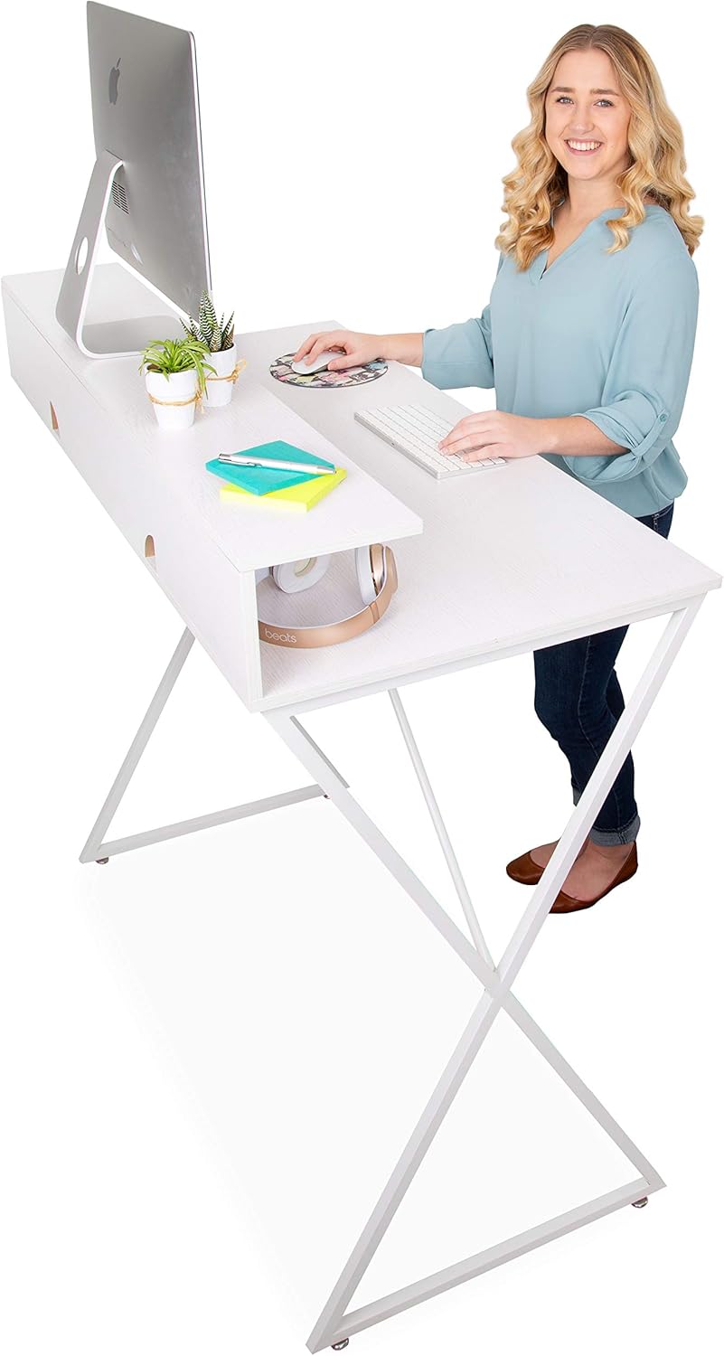 Stand Steady Joy Standing Desk | Pretty Standing Desk with Shelf & Built-in Storage Cubbies | Modern Stand Up Workstation | Tall Desk & Reception Table for Home, Dorm & Office (White / 48in x 42in) : Office Products