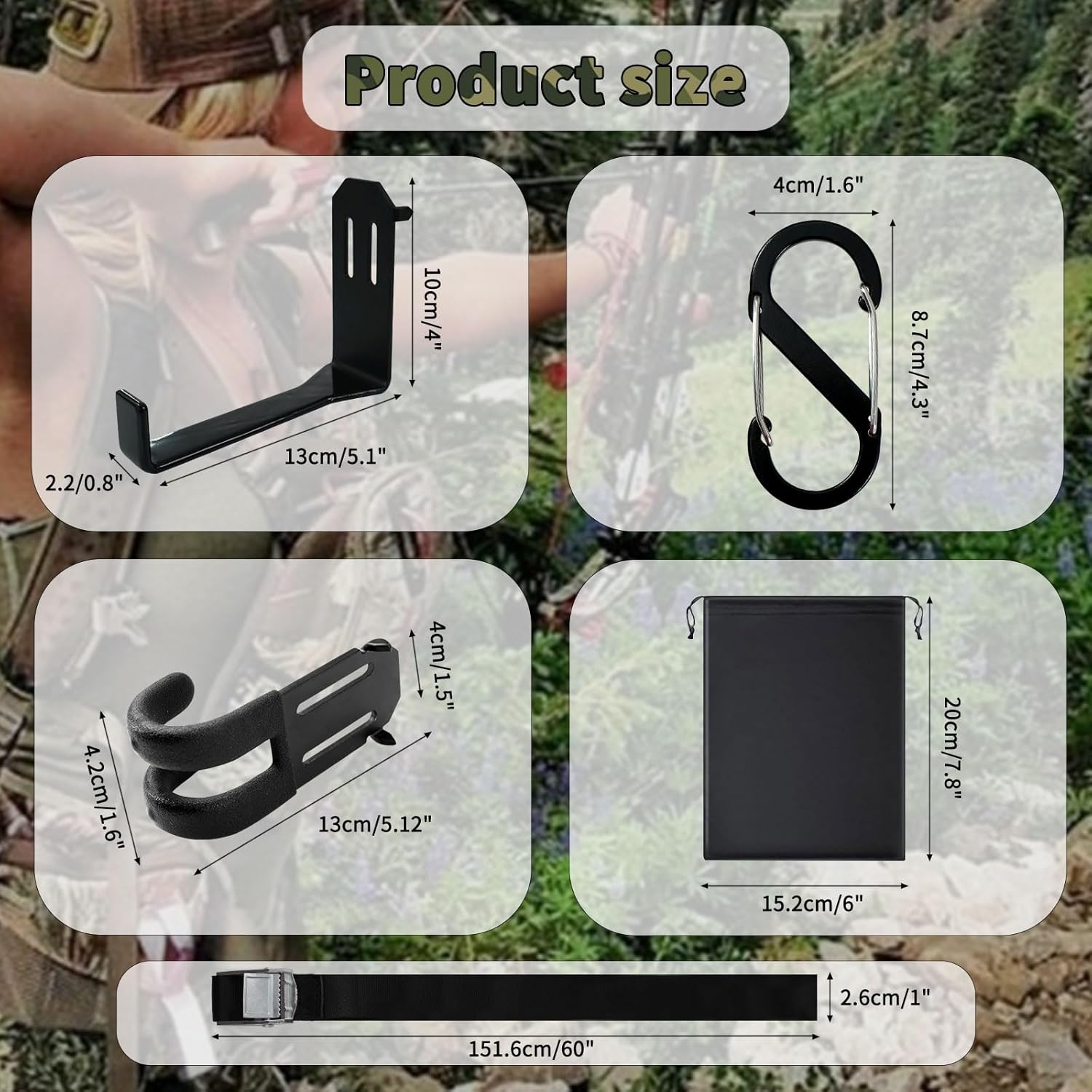 Treestand Strap Gear Hangers Comes with 3 Metal Gear Hooks and 1 Bow Hanger, for Tree Stand Platform Hunting Gears
