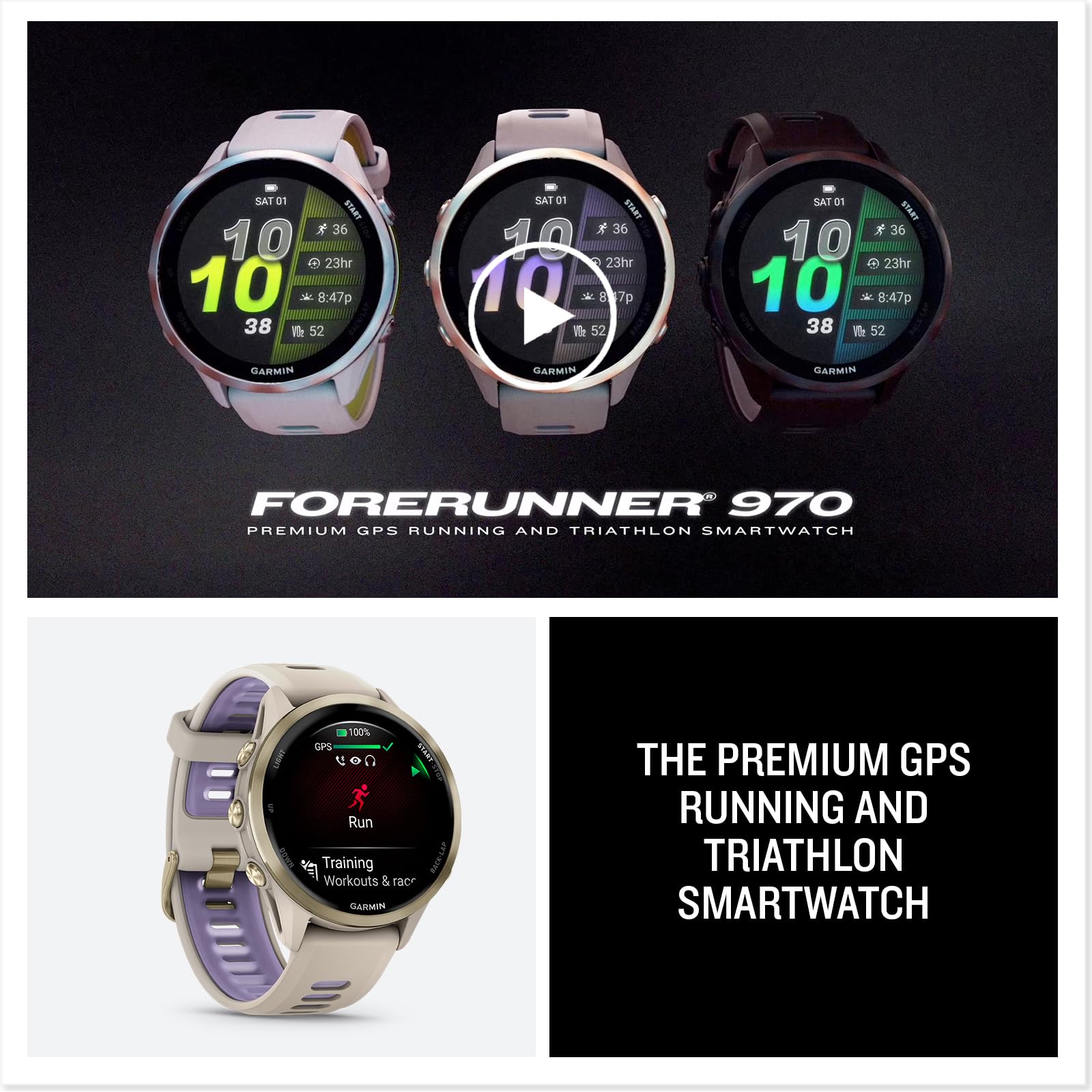Garmin® Forerunner® 970 Montre Intelligente GPS de Course et de Triathlon avec écran AMOLED, Lampe de Poche LED intégrée, Titane doré Doux avec boîtier Gris français et Bracelet Gris français/Indigo
