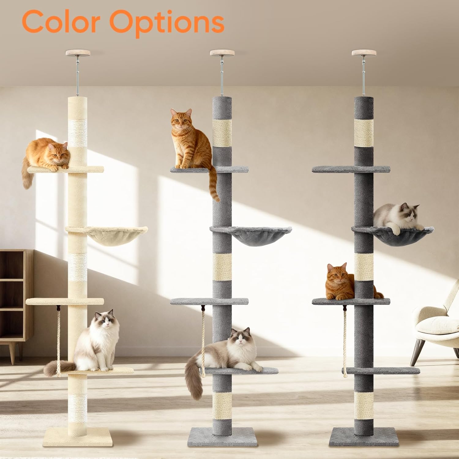 Cat Tree 5-Tier Floor to Ceiling Cat Tower with Cozy Hammock, 89-109 Inch Adjustable Height Sisal Scratching Post, Provides Vertical Enrichment for Jumping & Climbing, Grey