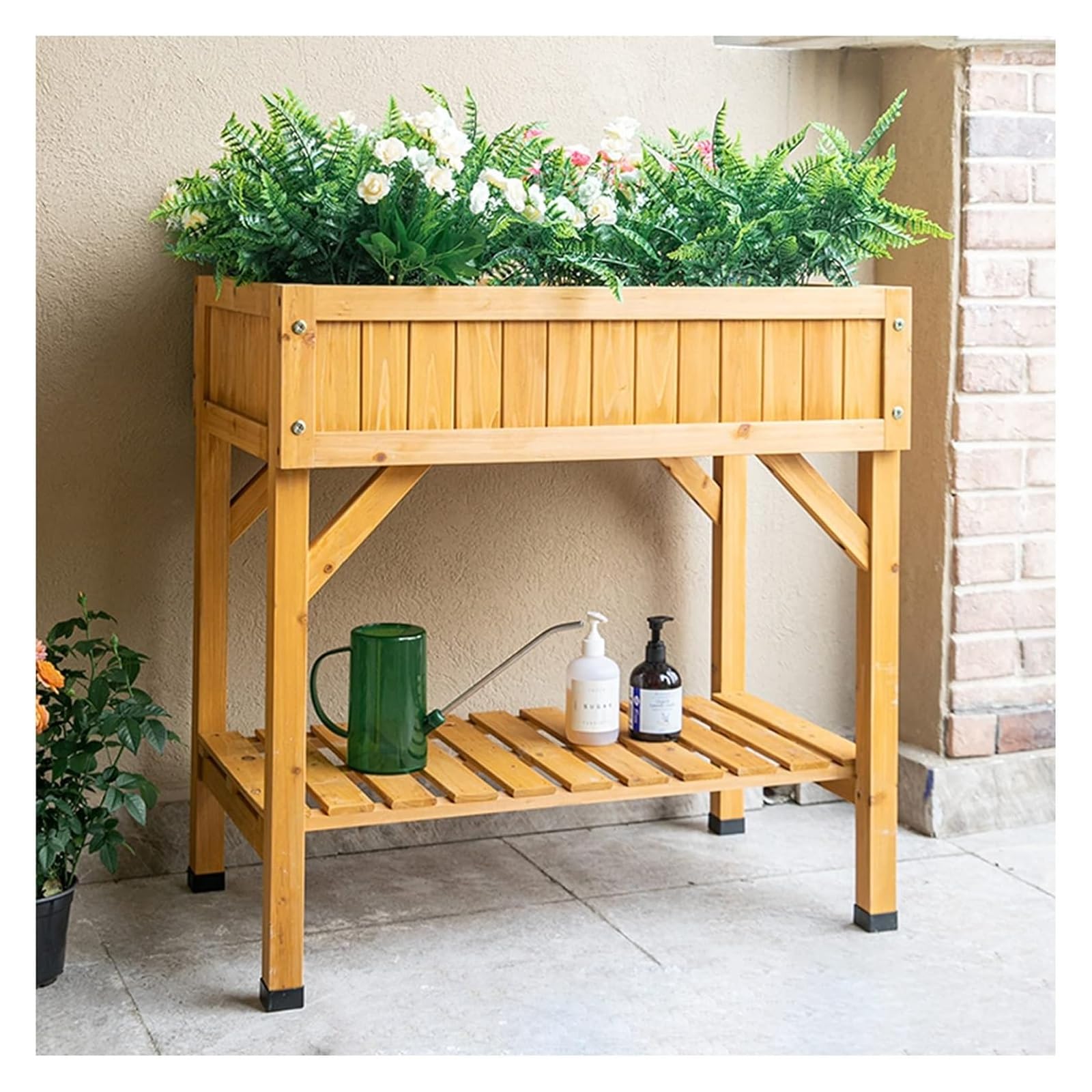 Support pour plantes d'intérieur en bois massif avec étagère de rangement pour grand balcon