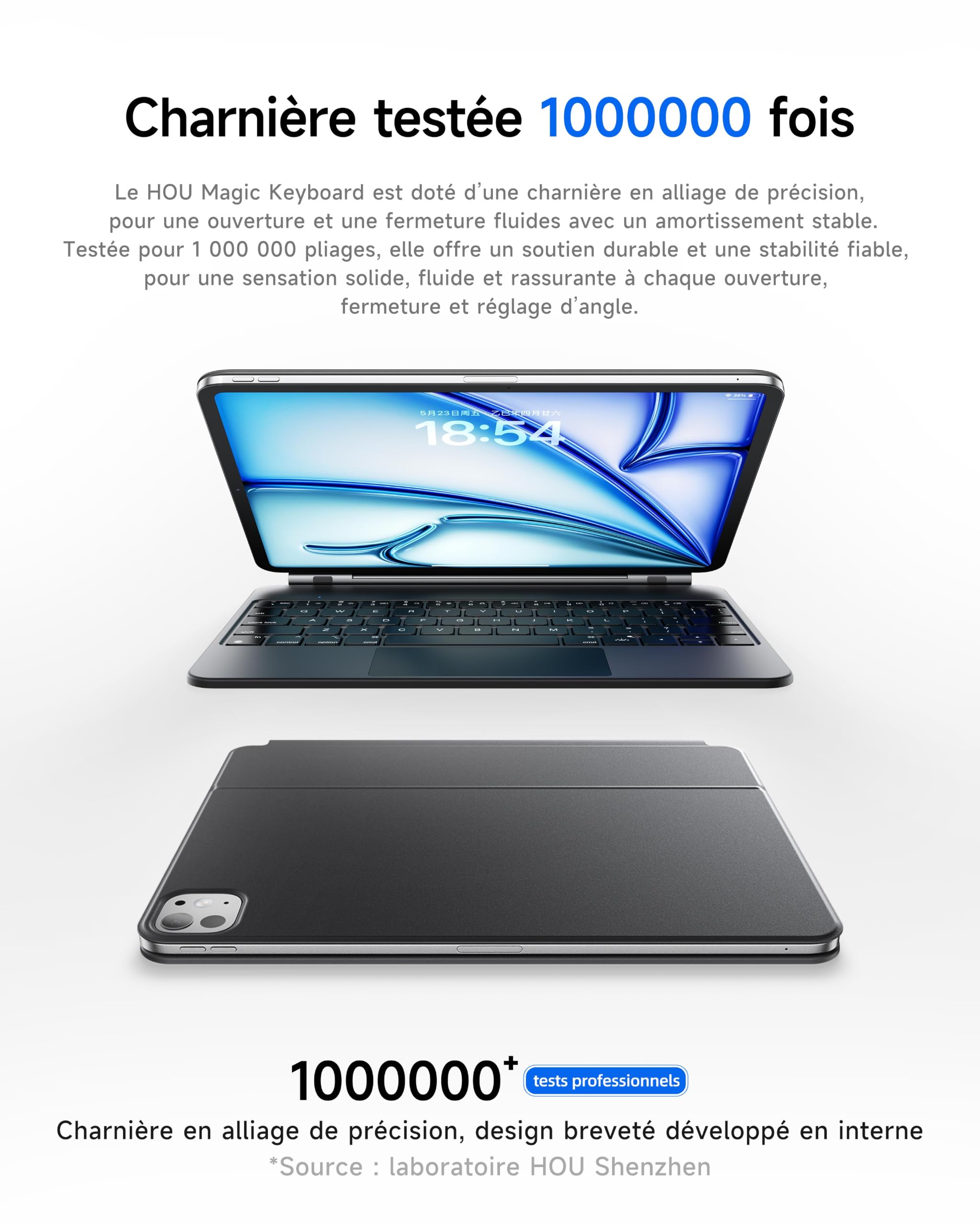 HOU Clavier pour iPad Air 13" M4 2026/M3 2025/M2 2024 & iPad Pro 12,9" (6e, 5e, 4e, 3e génération - 2022, 2021, 2020, 2018) avec pavé Tactile Trackpad Magic Clavier AZERTY,Noir