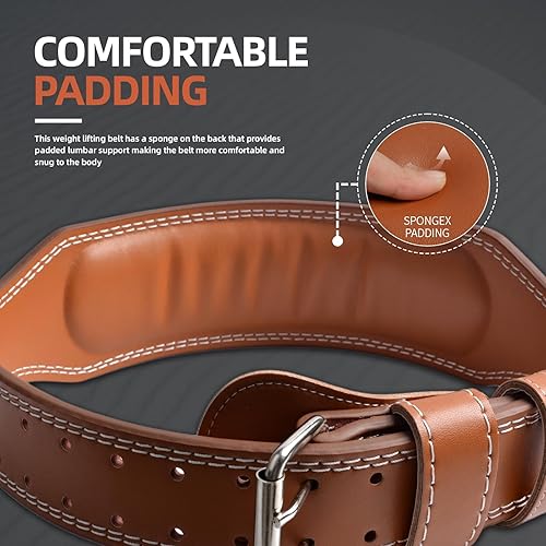 Miniatura 6 de Cinturón de levantamiento de pesas de cuero genuino, soporte lumbar acolchado de 4 y 6 pulgadas, 10 agujeros ajustables, cinturón de peso para