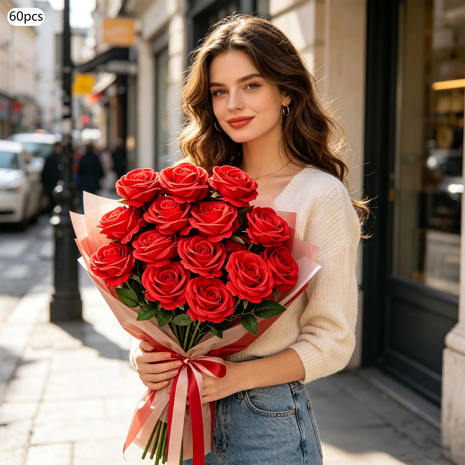 60 rose artificiali rosse in seta con steli pieghevoli per decorazione | Tessuto di seta rosso, 51 cm, realistico, steli flessibili, set da 60 pezzi, per bouquet da sposa, decorazione da tavolo