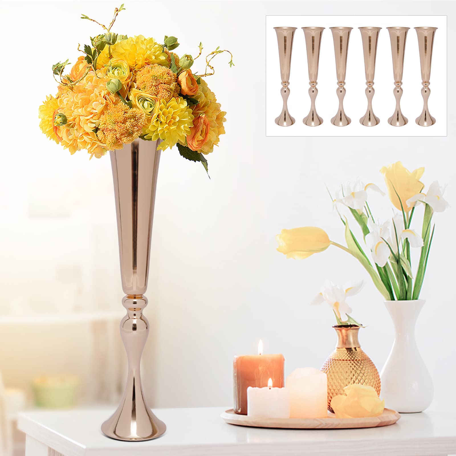 Set di 6 vasi da tavolo in metallo dorato con finitura lucida, per feste di compleanno, feste di compleanno, soggiorno, decorazione