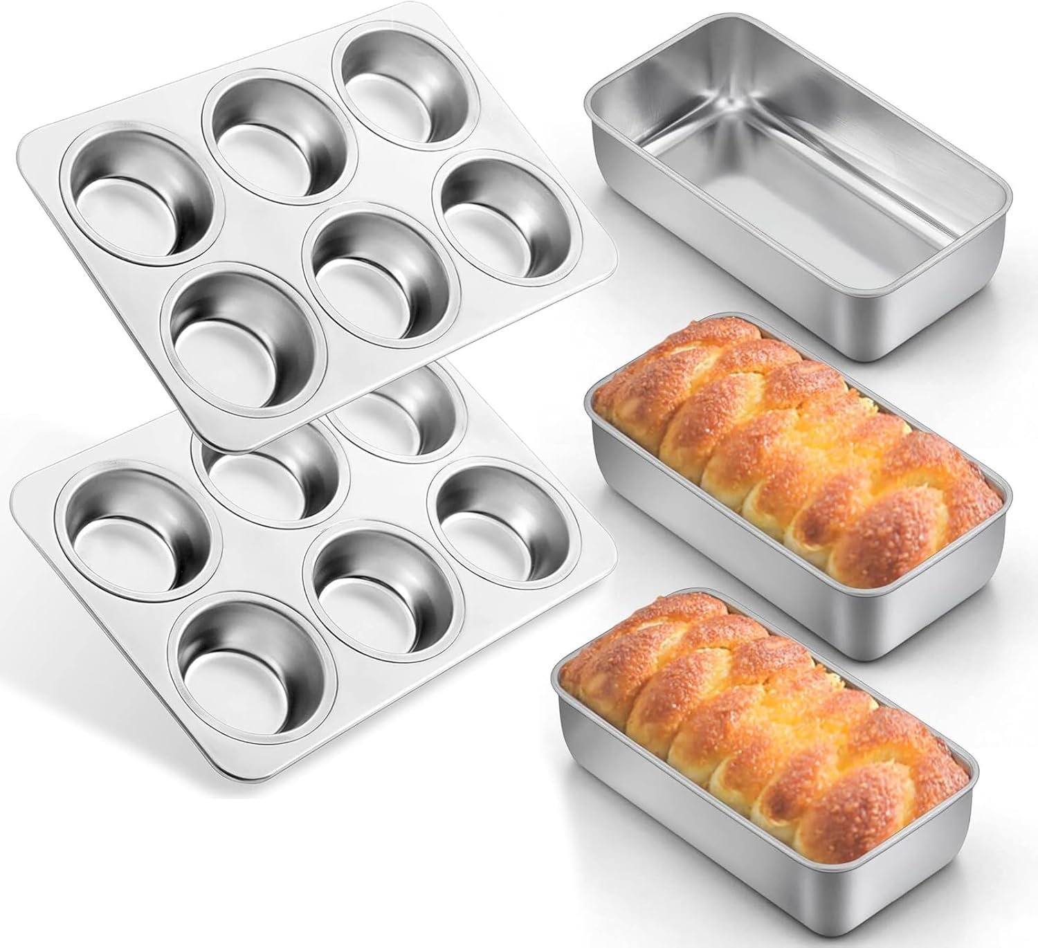 LIANYU 4 Pack Stainless Steel Loaf Pans for Baking Bread Plus 2 Set of Nonstick Muffin Baking Pans with 6 Cups for Baking