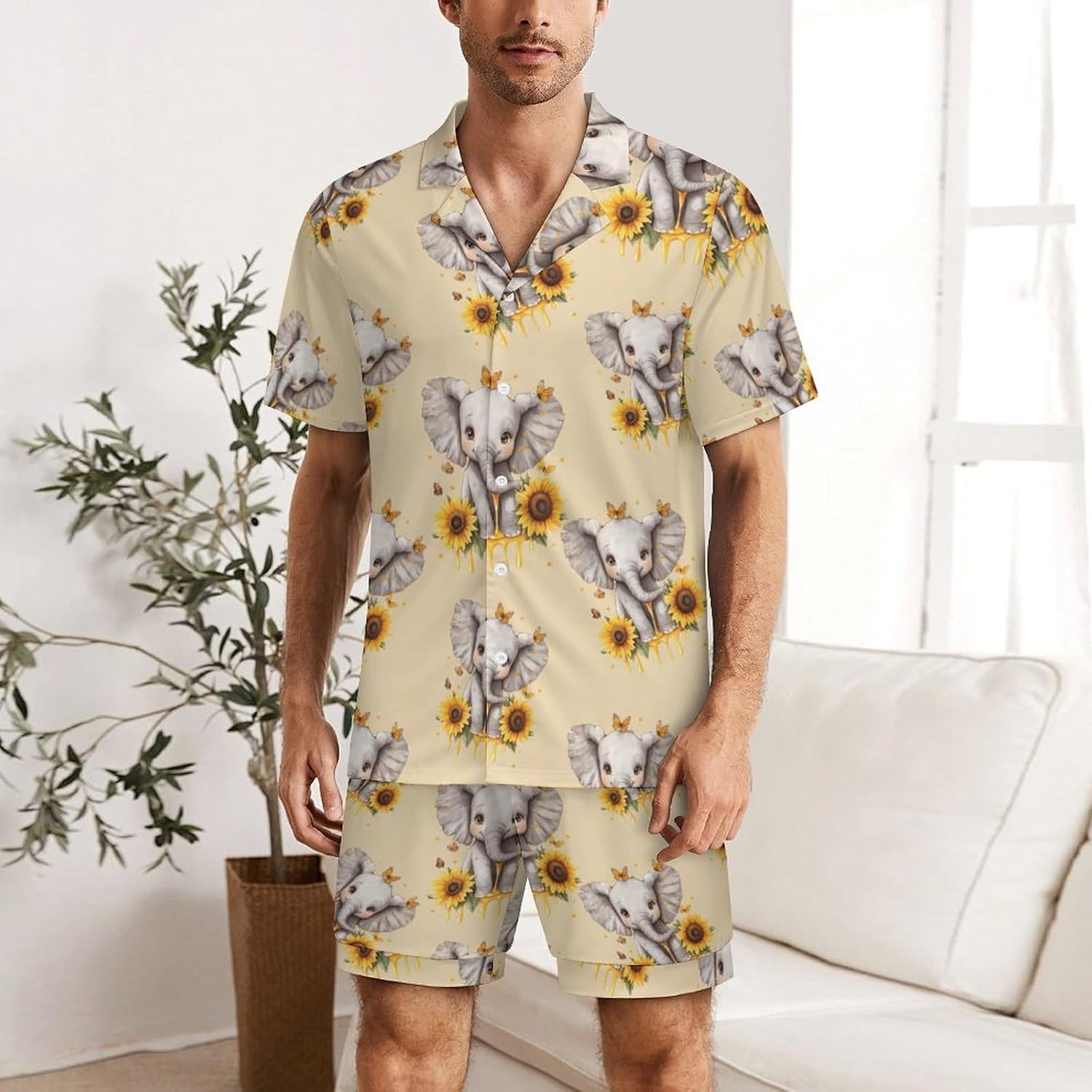 Elephant Sunflowers And Butterfly Men's Short Sleeve Pajama Set Satin Silk Like Lounge Sleepwear