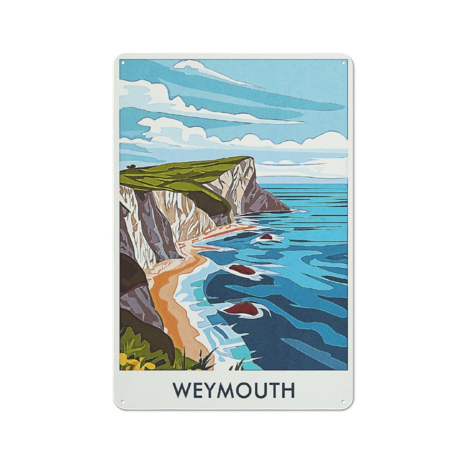 Junmoney Style-14 For Lounge Or Reading Corner, Weymouth Coastline Illustration Vintage Metal Sign 30X20cm, For Collectors Decorating Lounges And Reading Corners