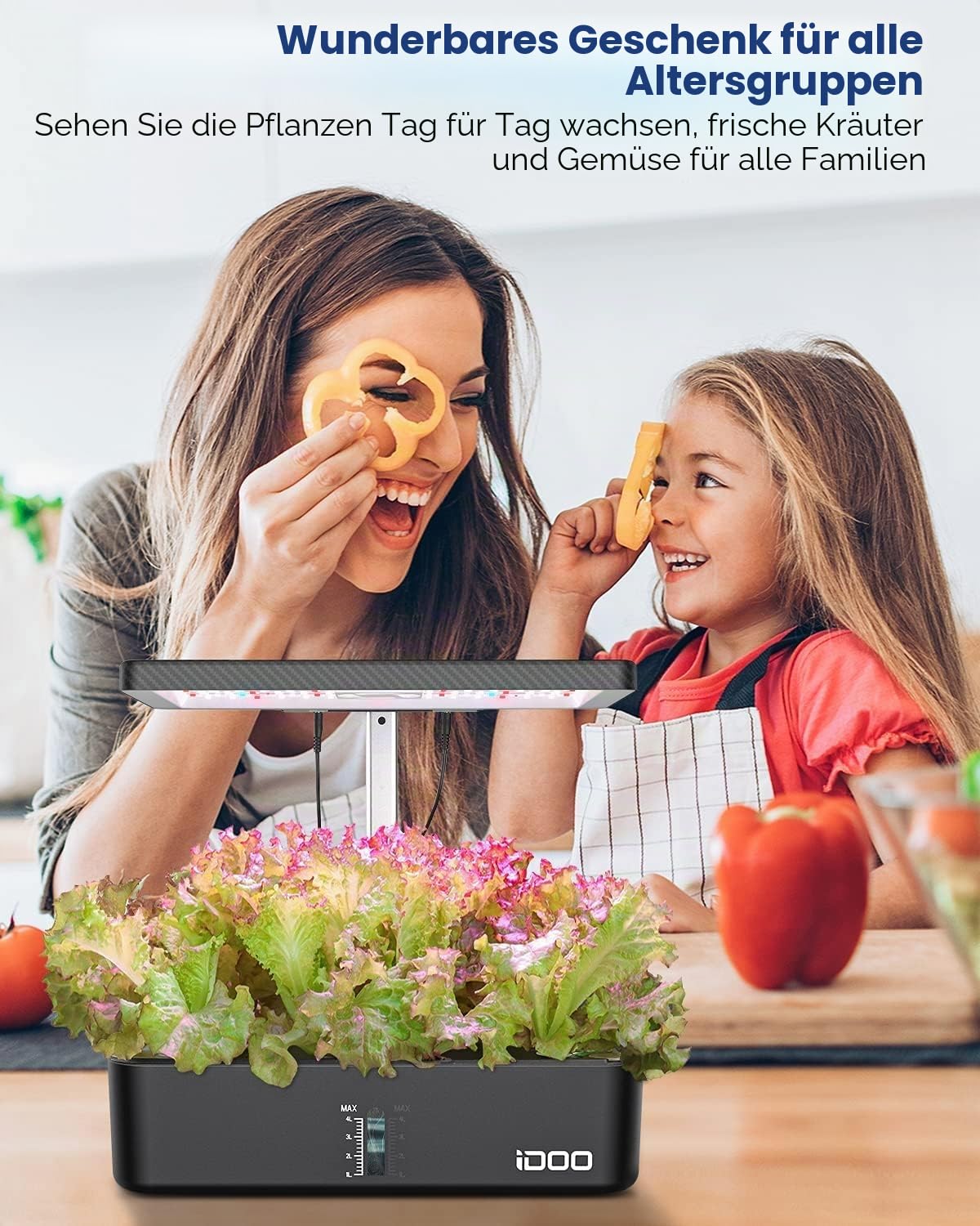 iDOO Hydroponic System, Smart Garden, Hydroponisches Anzuchtsystem,12Hülsen, mit Automatisch Timer, Smart Garden mit LED Pflanzenlampe und Ventilato, Höhenverstellbar kräutergarten Set, Schwarz
