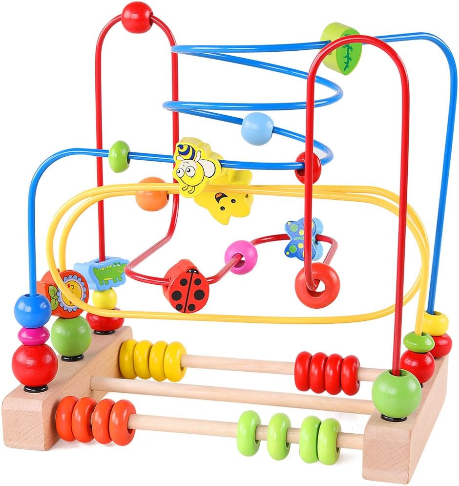 QZMTOY Bead Maze Toy for Toddlers Wooden Colorful Roller Coaster Educational Circle Toys for Kids Sliding Beads On Twists Wire Training Child Attention Count and Grasping Ability