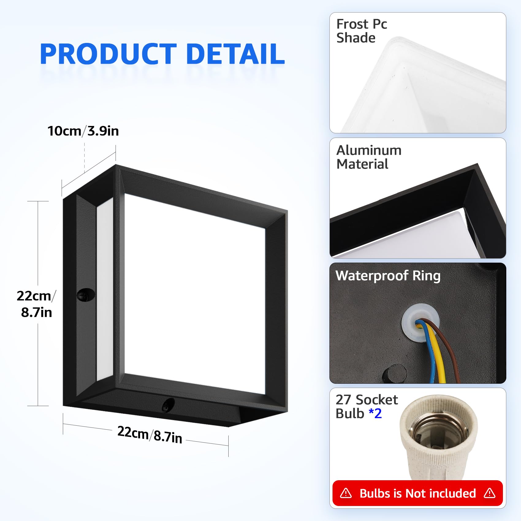 Klighten 2 Piezas Aplique Pared Exterior Interior E27x2, IP65 Impermeable 60W Máx, PC + Aluminio, Moderno para Terraza,Sin Bombilla,Negro