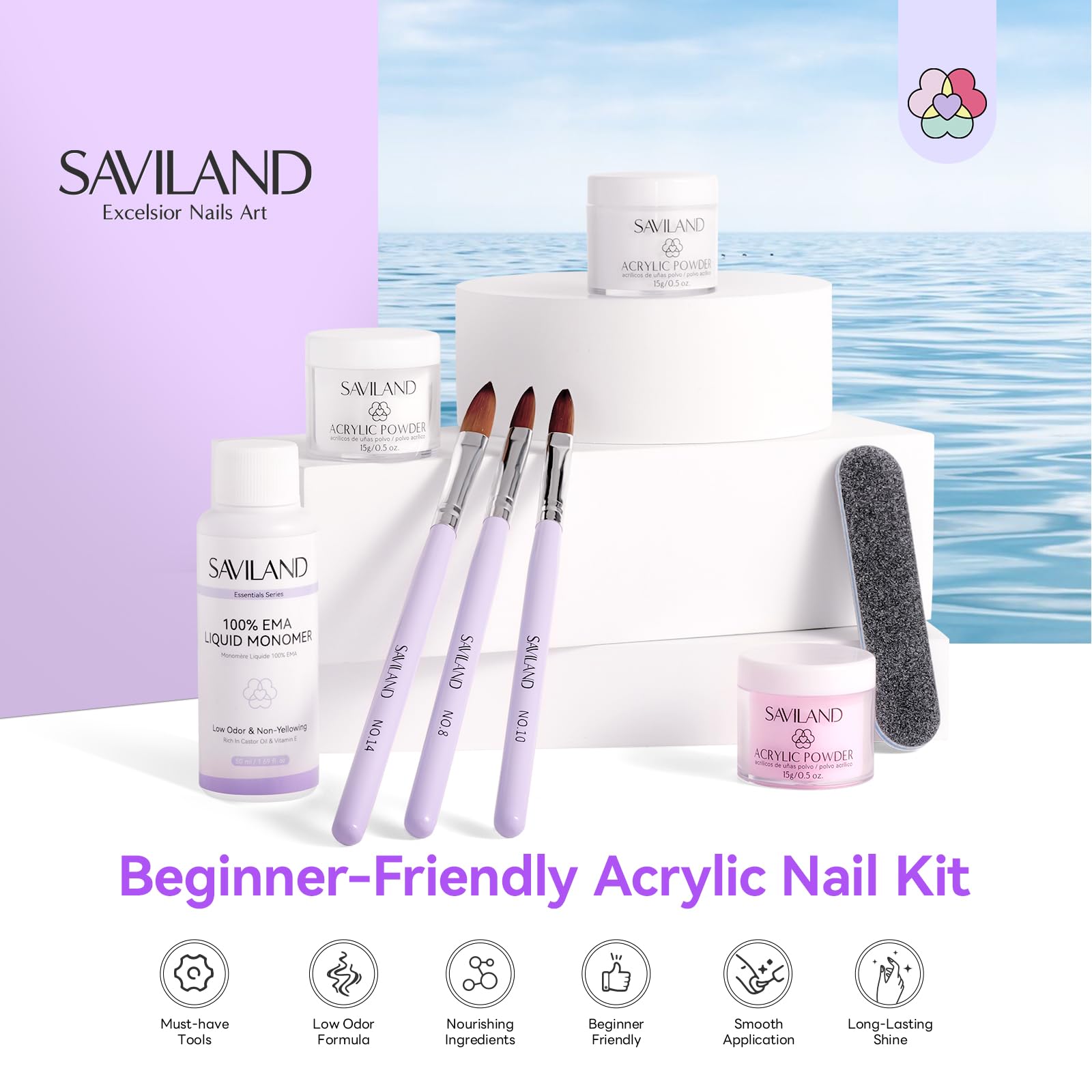 SAVILAND Acrylic Nail Kit: Beginner-Friendly Nails Kit Acrylic Set including Clear White Pink Acrylic Powder Low Odor EMA Monomer Acrylic Brush for Nail Extension 3D Nail Art Home DIY Nails - Image 2