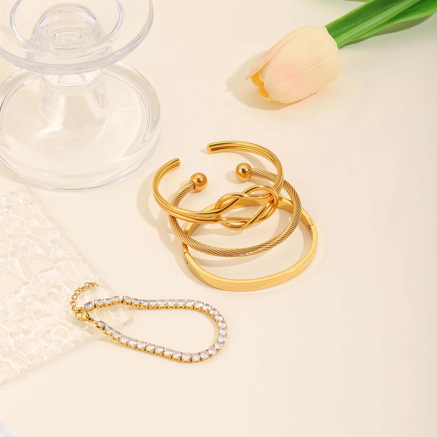 Gold Cuff Stack Bracelet for Women-18K Gold Plated Cubic Zirconia Tennis Bracelet, Love Bangle Stainless Steel Non-Tarnish Jewelry Set for Women Trendy - Image 4